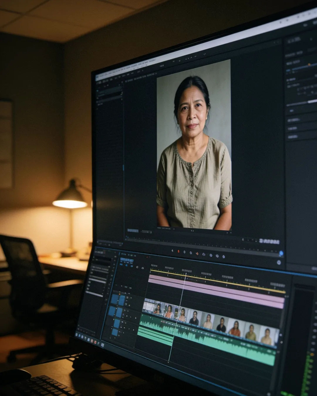 An editing suite with a vertical frame of a Filipino woman in a simple cotton blouse above a timeline