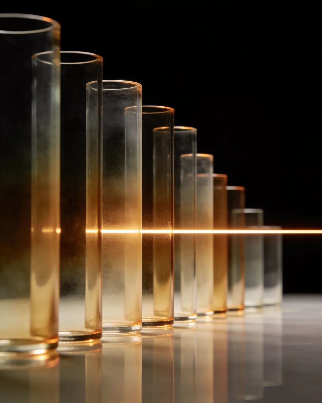 Glass columns of different heights with a glowing limit line