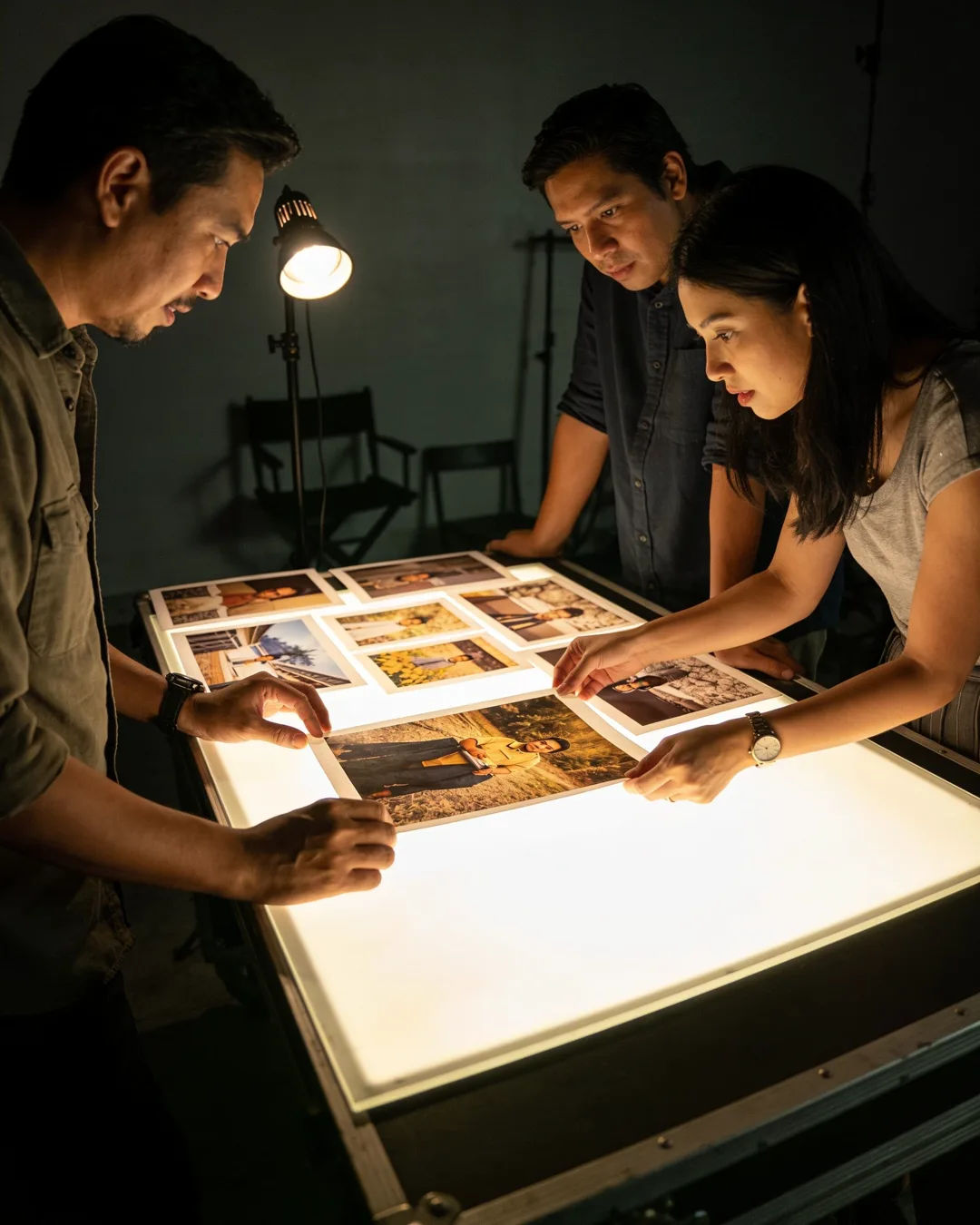 A Filipino production team reviewing printed frames on a lit table