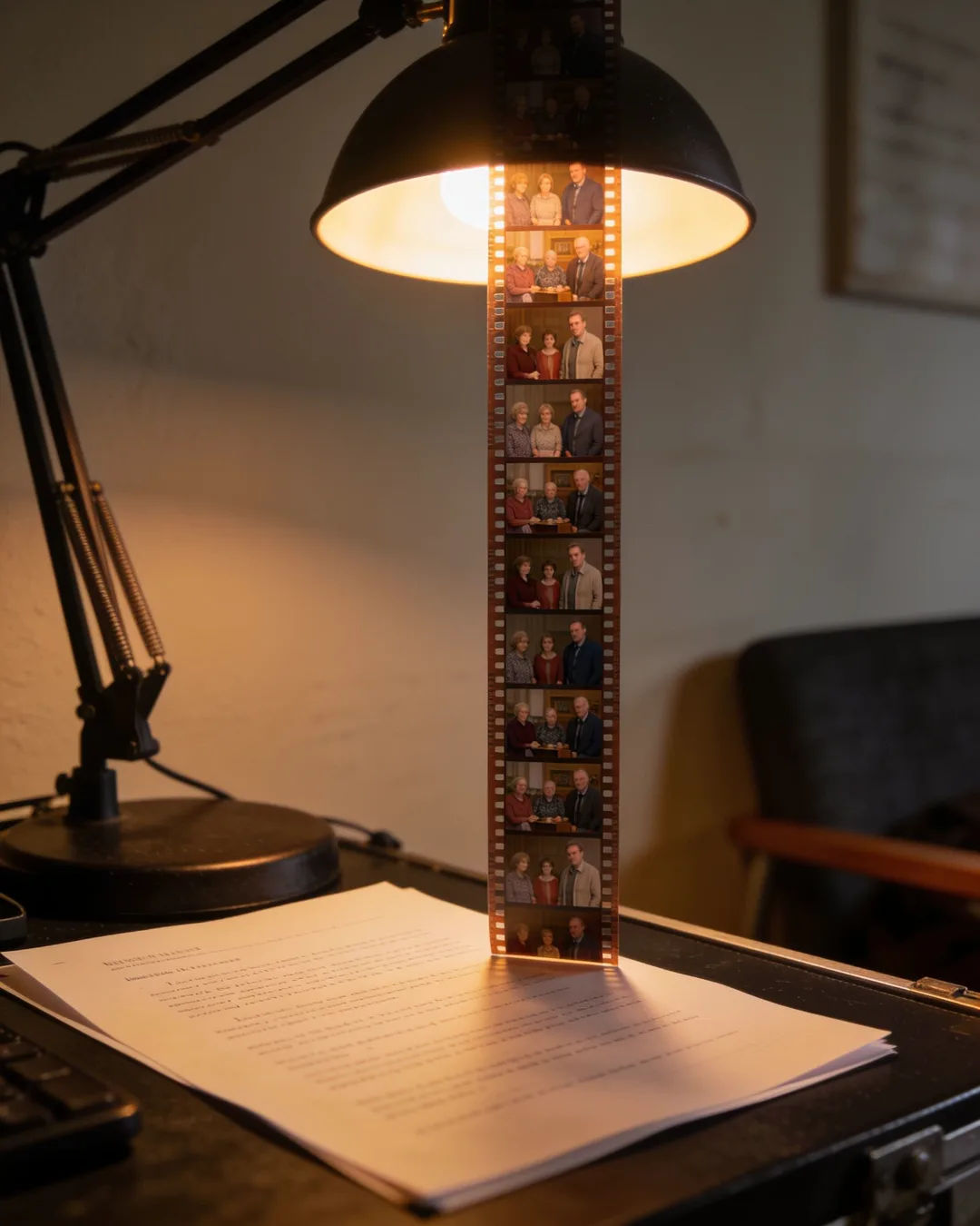 A screenplay page under a desk lamp beside a strip of film frames from a Welsh family drama