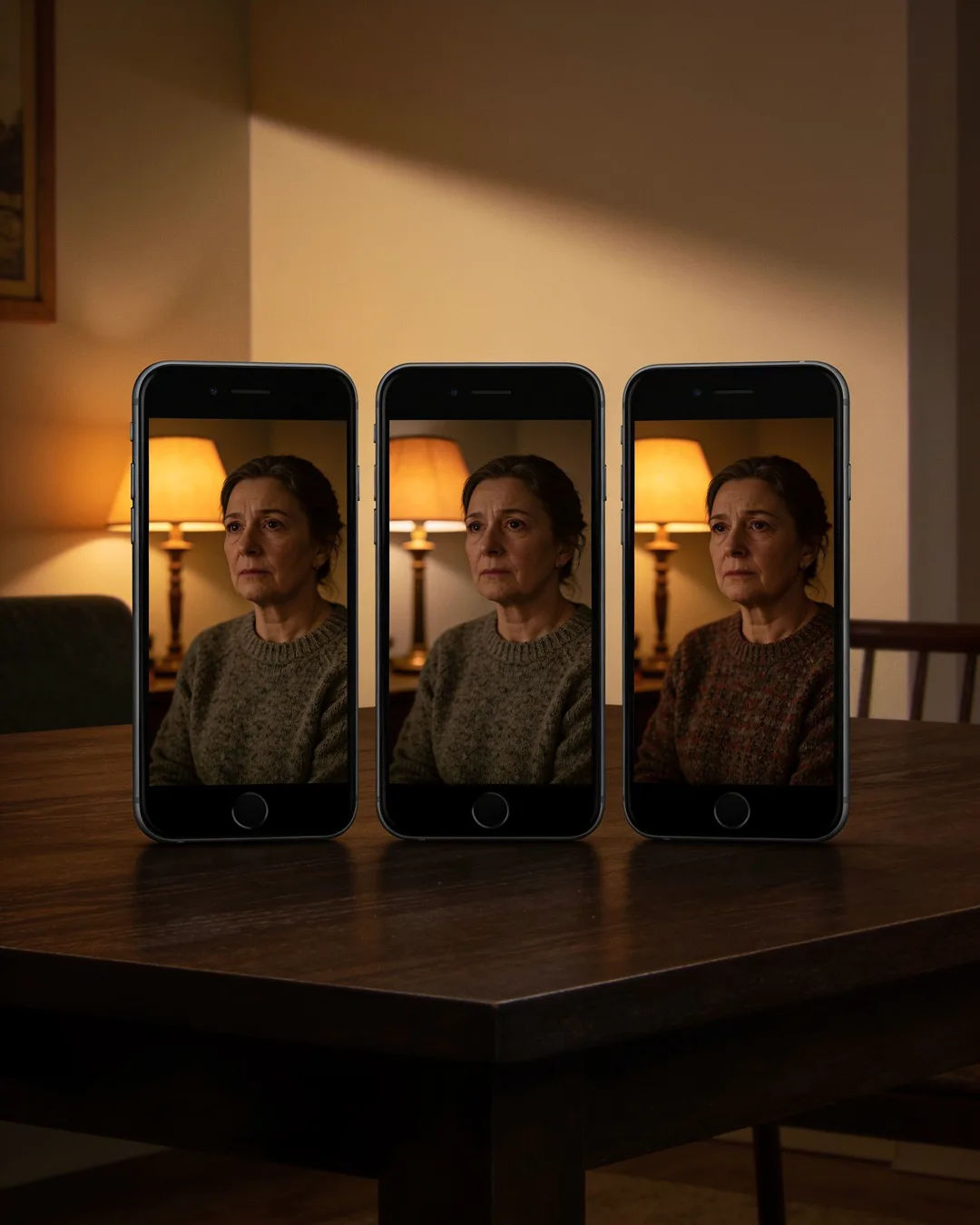 The same Welsh woman in a wool jumper on three vertical phone screens