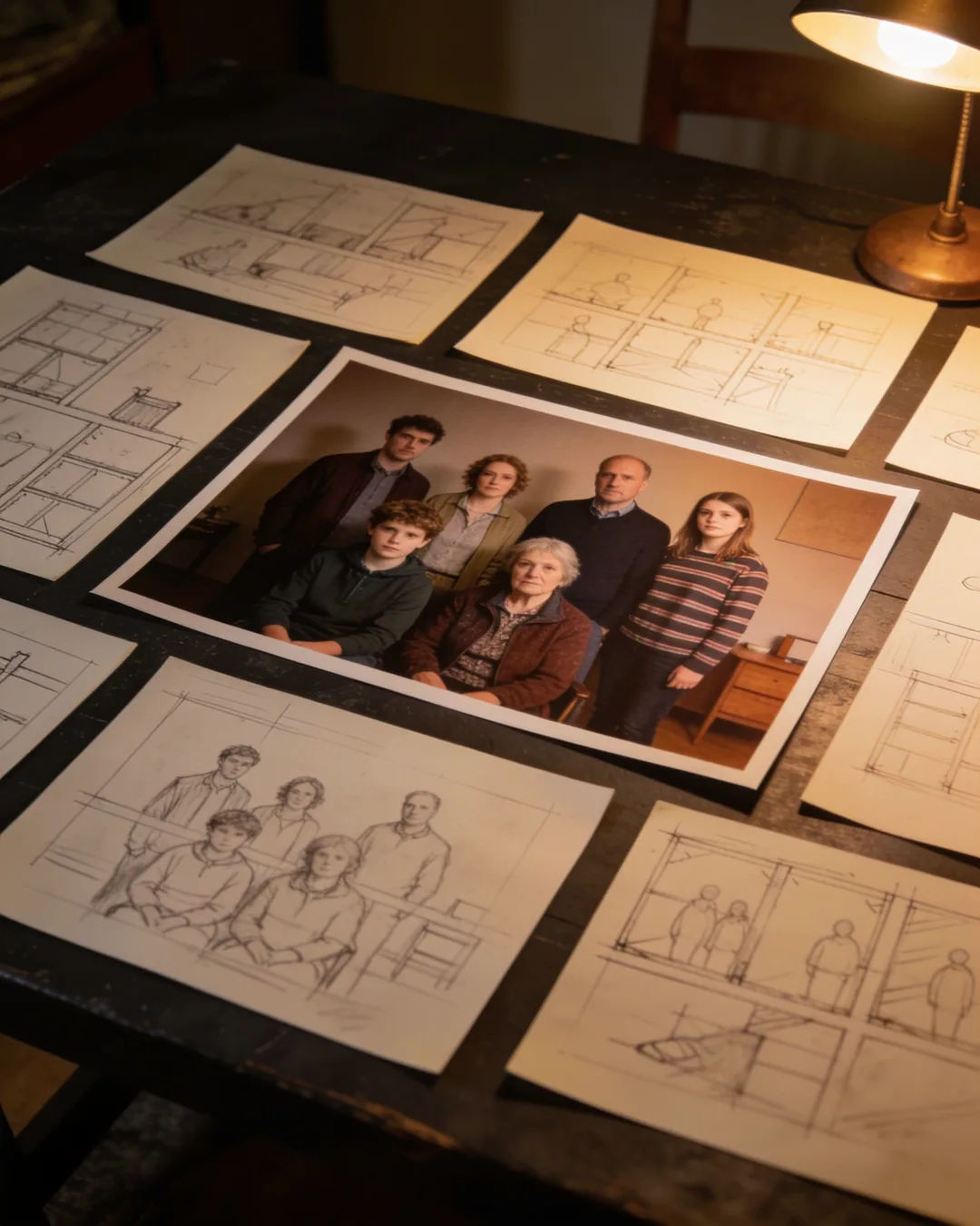 Pencil storyboard sketches around a finished photo of a Welsh family scene