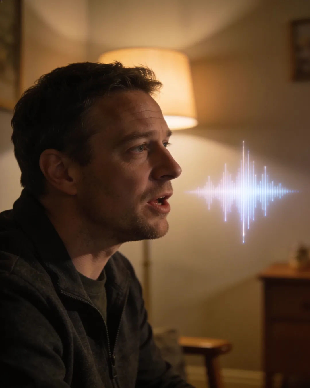 A Welsh man speaking at home at night, a sound waveform beside him