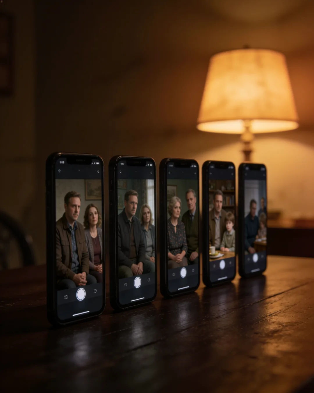 A row of phones showing episodes of the same Welsh drama series