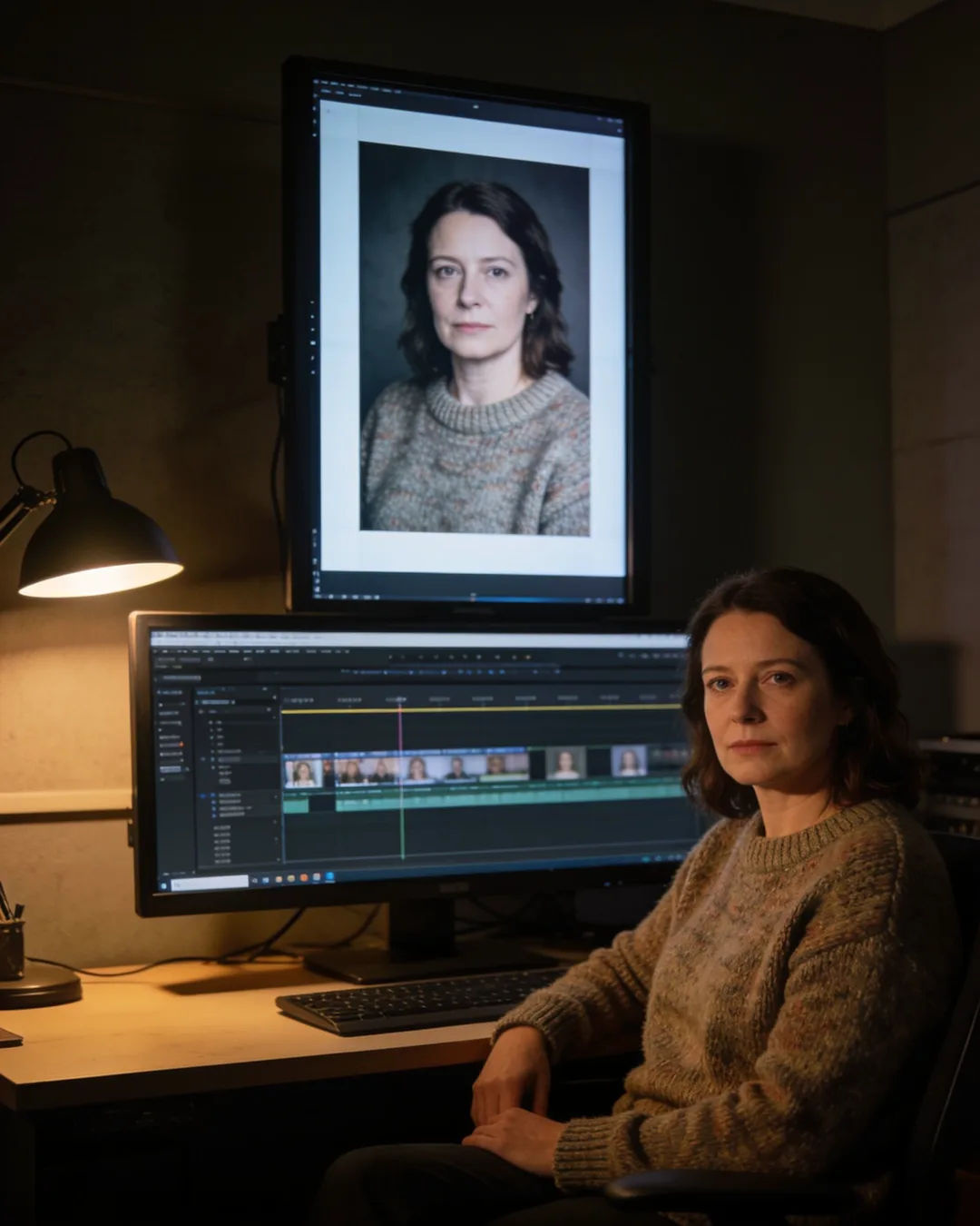 An editing suite with a vertical frame of a Welsh woman in a wool jumper above a timeline