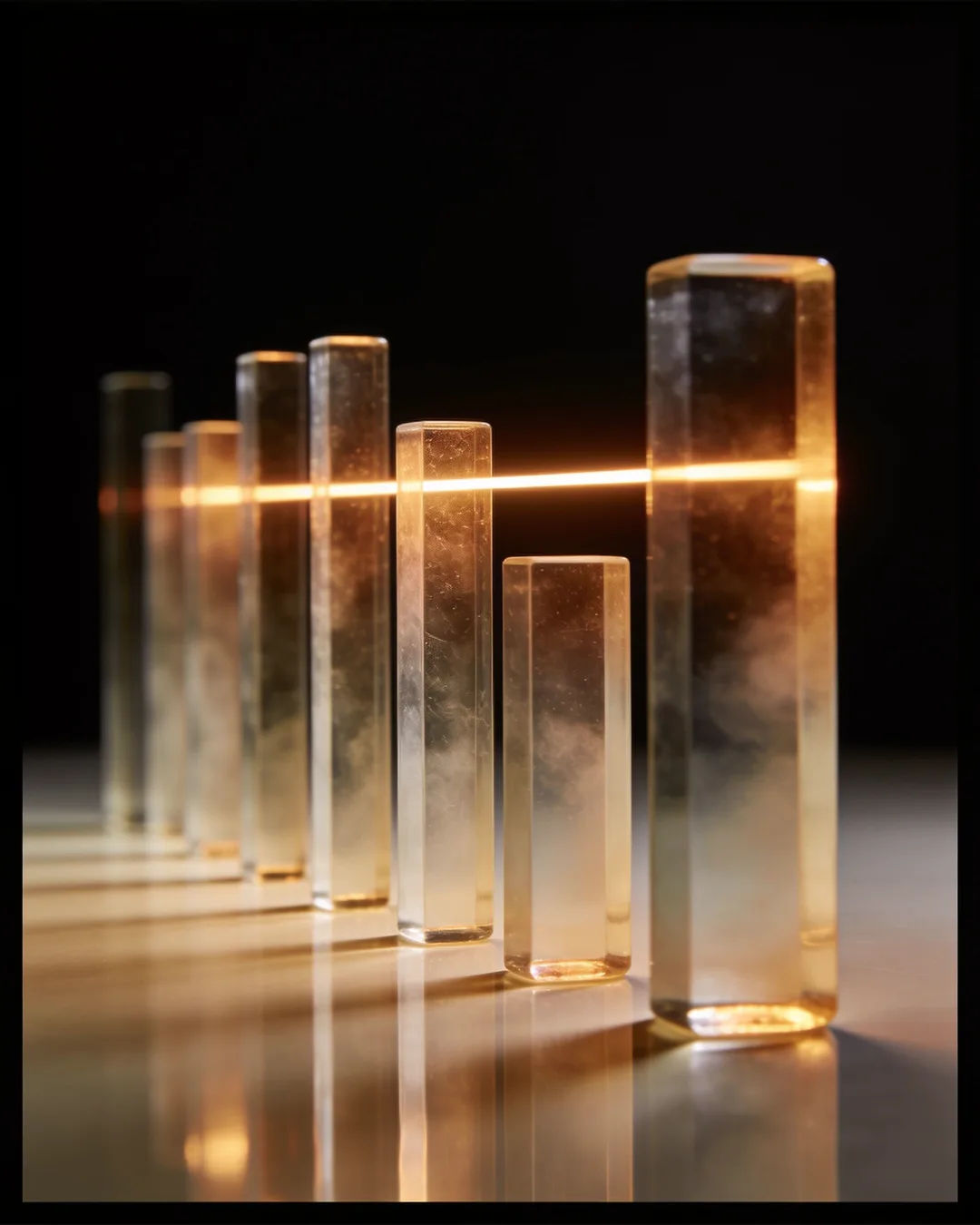 Glass columns of different heights with a glowing limit line