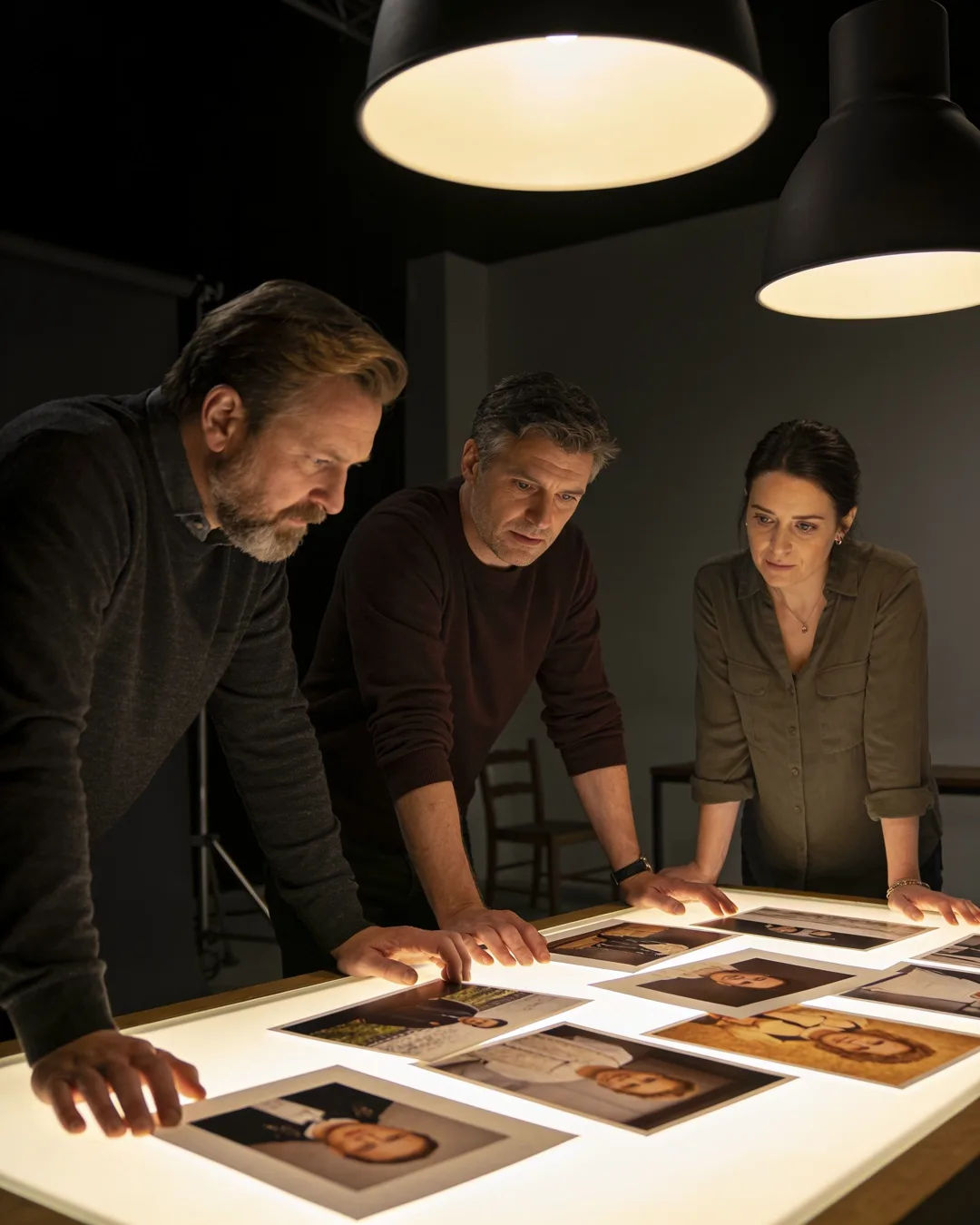 A Welsh production team reviewing printed frames on a lit table