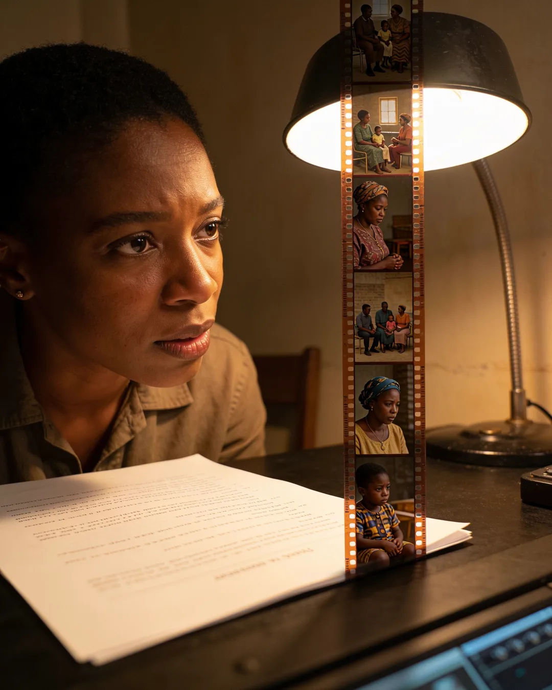 A screenplay page under a desk lamp beside a strip of film frames from a family drama