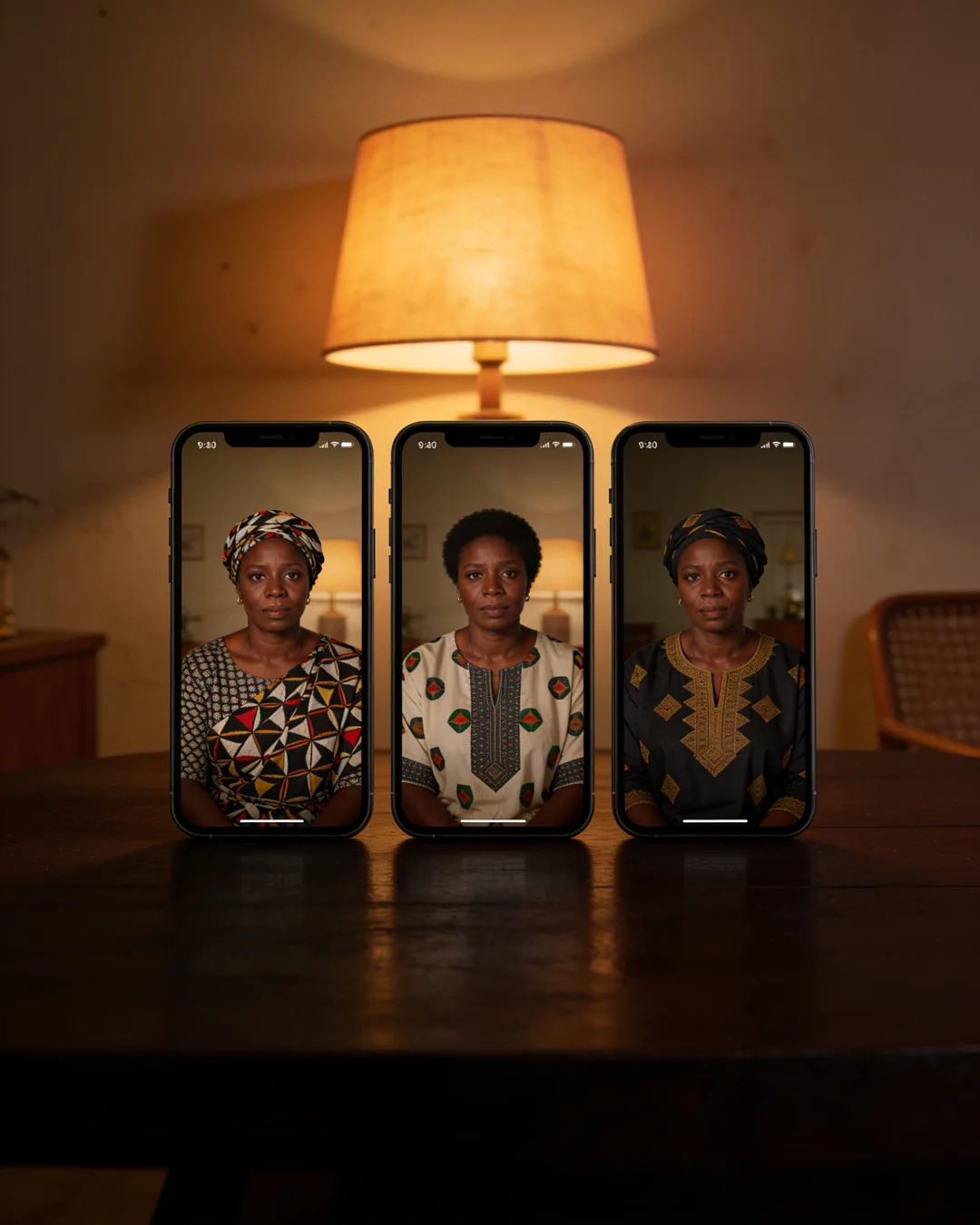 The same Senegalese woman in a modern printed boubou on three vertical phone screens