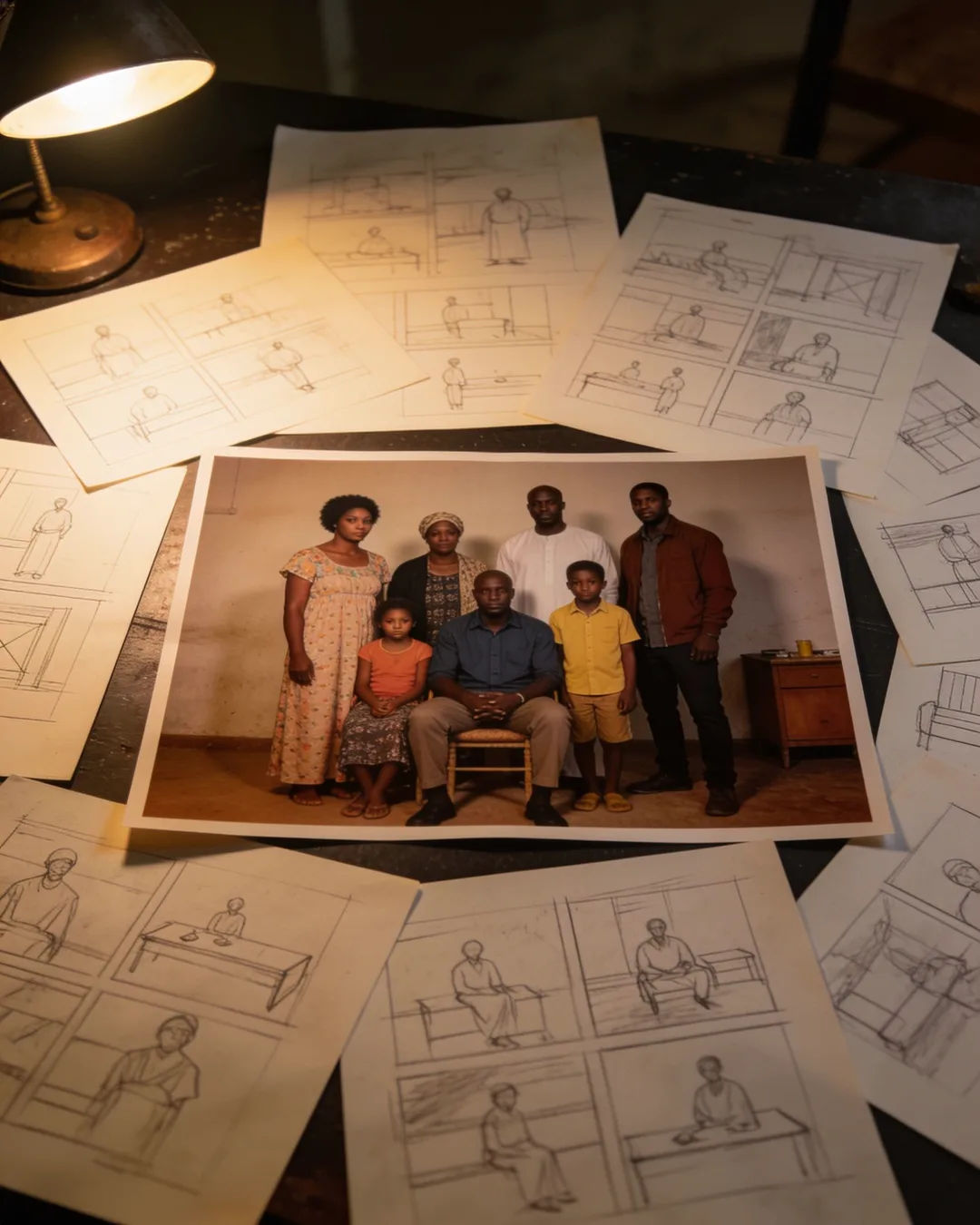Pencil storyboard sketches around a finished photo of a Senegalese family scene