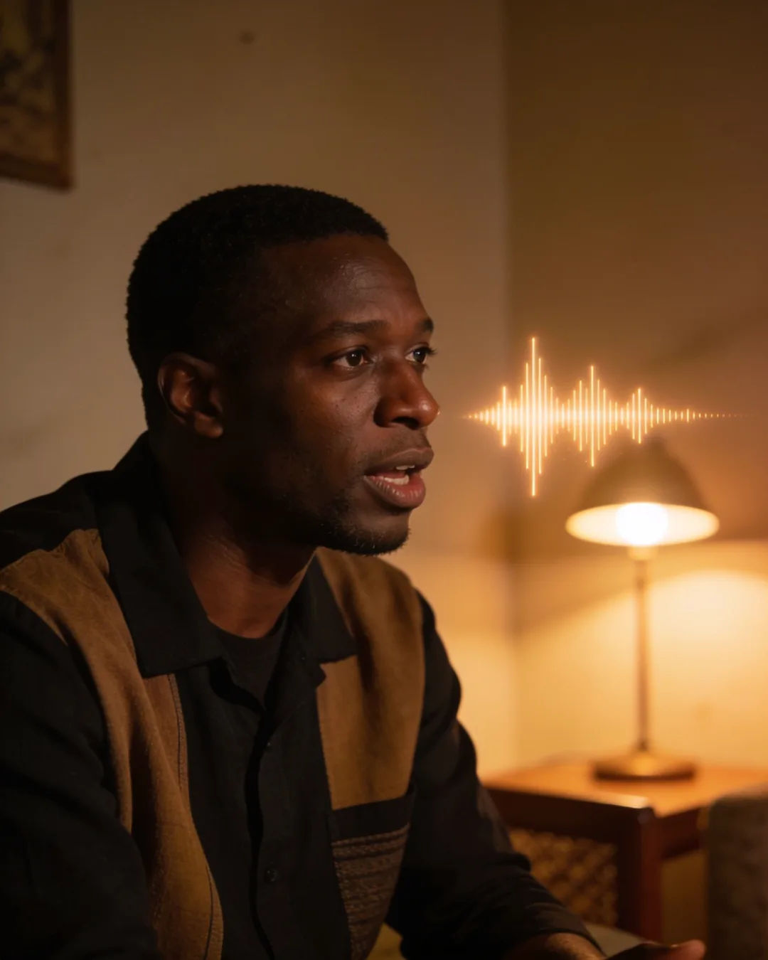 A Senegalese man speaking at home at night, a sound waveform beside him