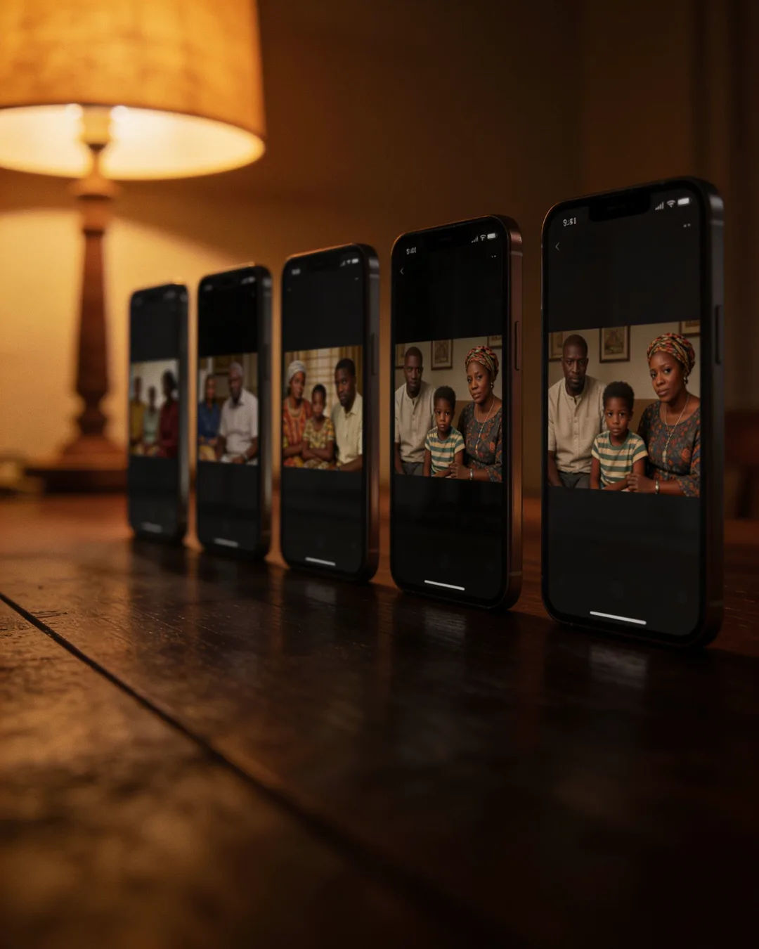 A row of phones showing episodes of the same family drama series