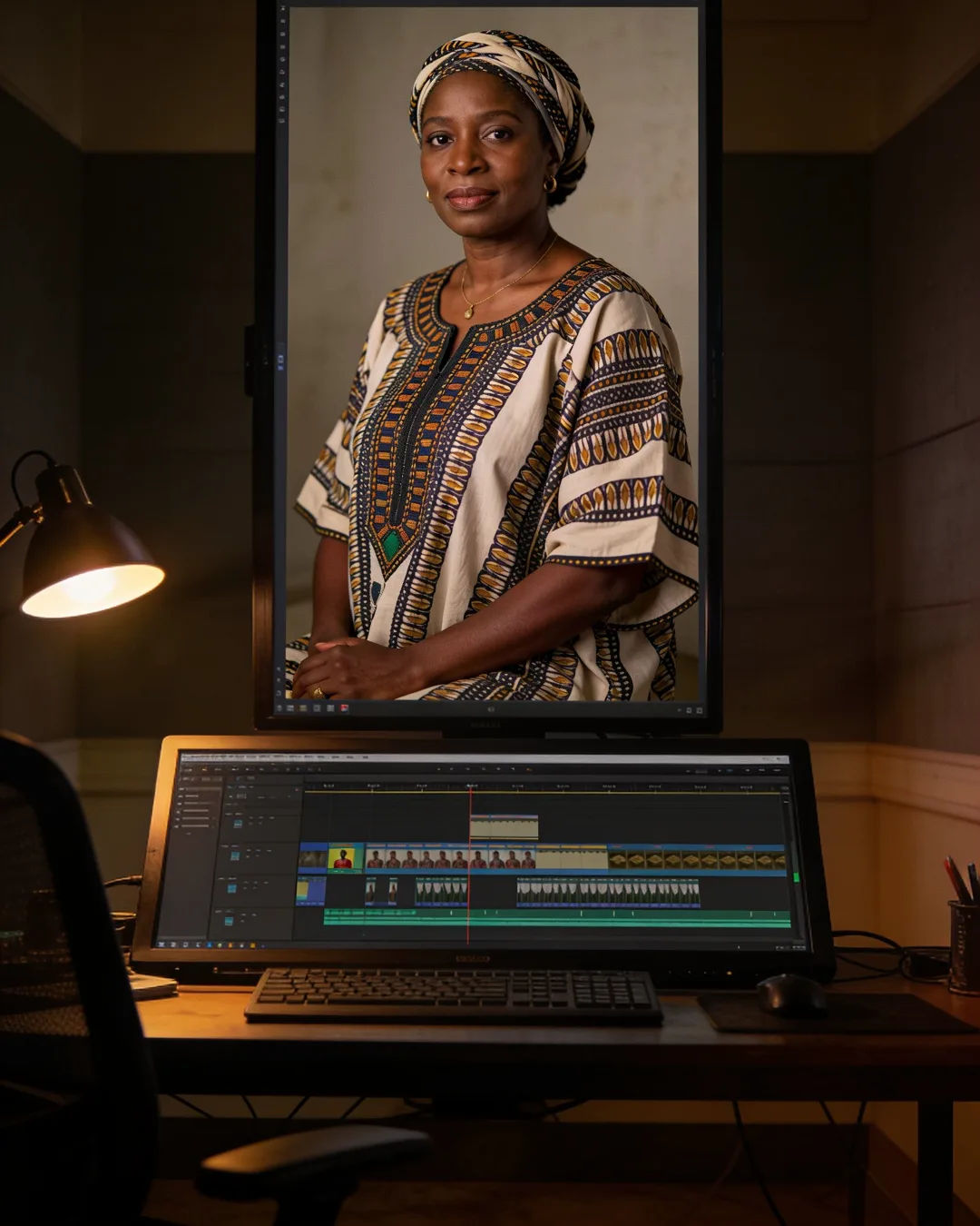 An editing suite with a vertical frame of a Senegalese woman in a modern printed boubou above a timeline