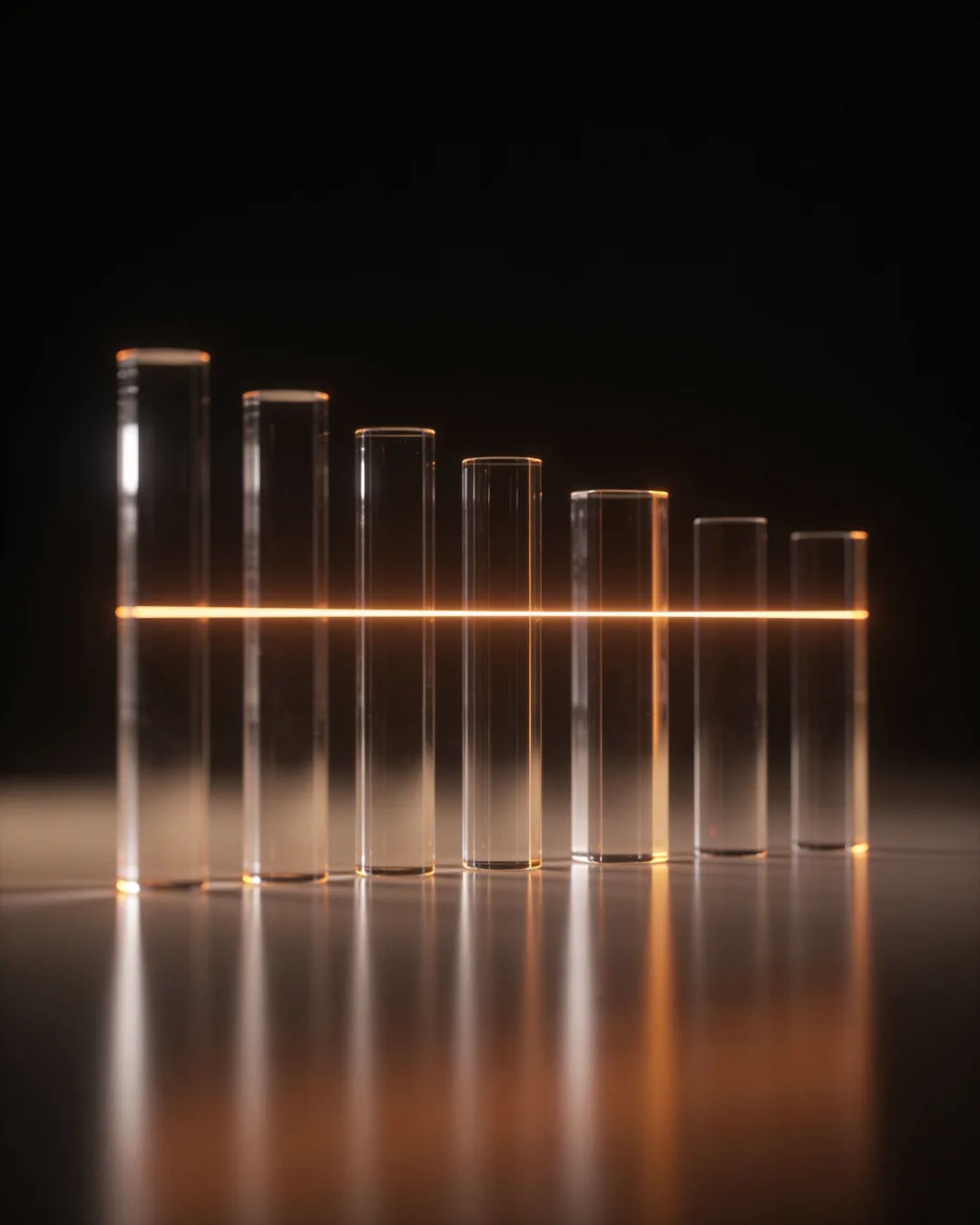 Glass columns of different heights with a glowing limit line