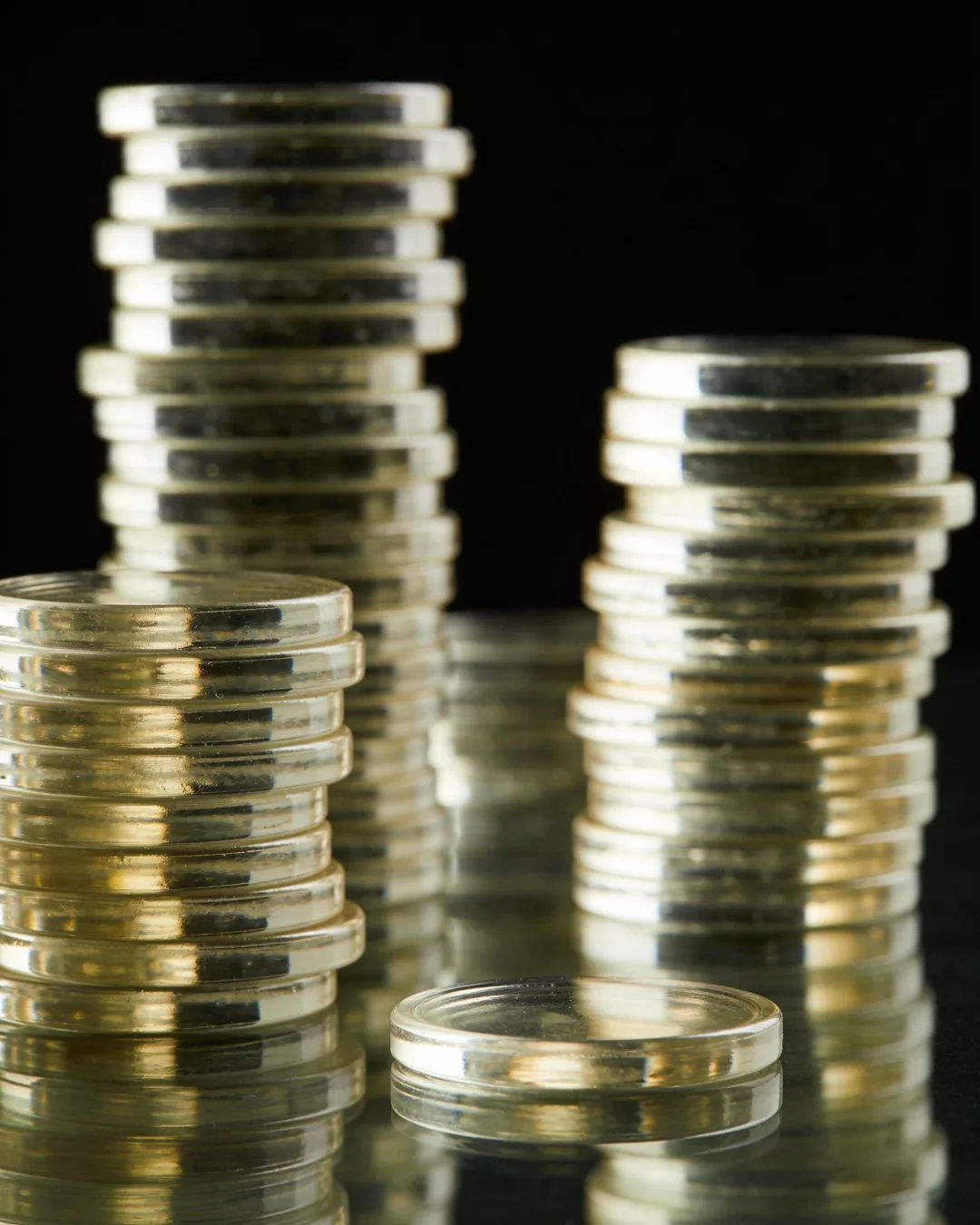 Stacks of glass tokens rising on a black ground