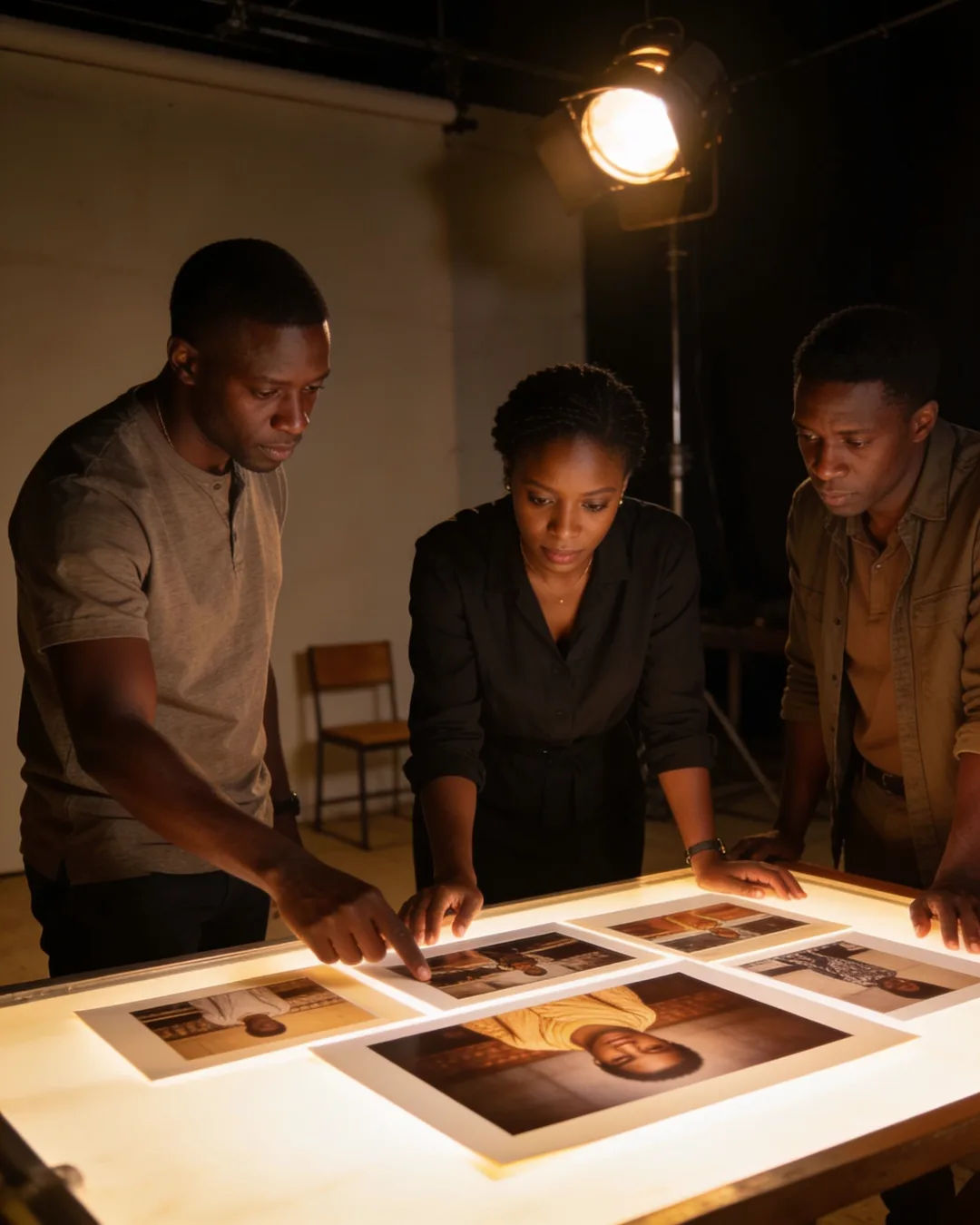 A Senegalese production team reviewing printed frames on a lit table