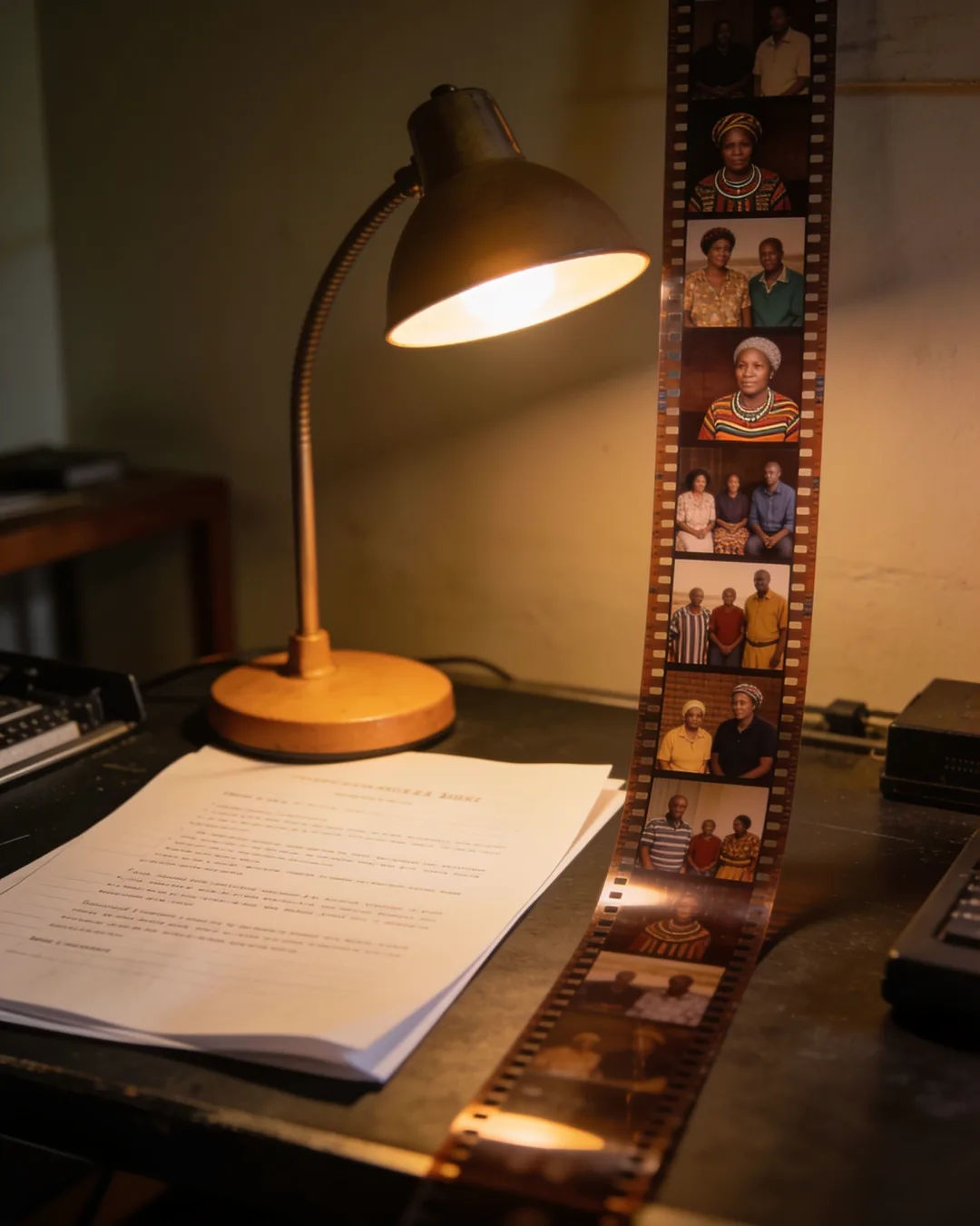 A screenplay page under a desk lamp beside a strip of film frames from a South African Zulu family drama