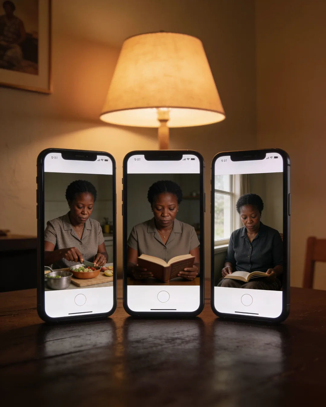 The same South African Zulu woman in a simple modern blouse on three vertical phone screens