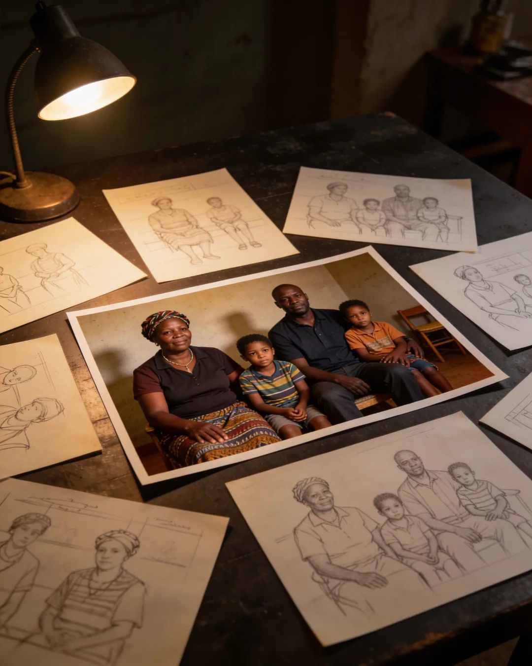 Pencil storyboard sketches around a finished photo of a South African Zulu family scene