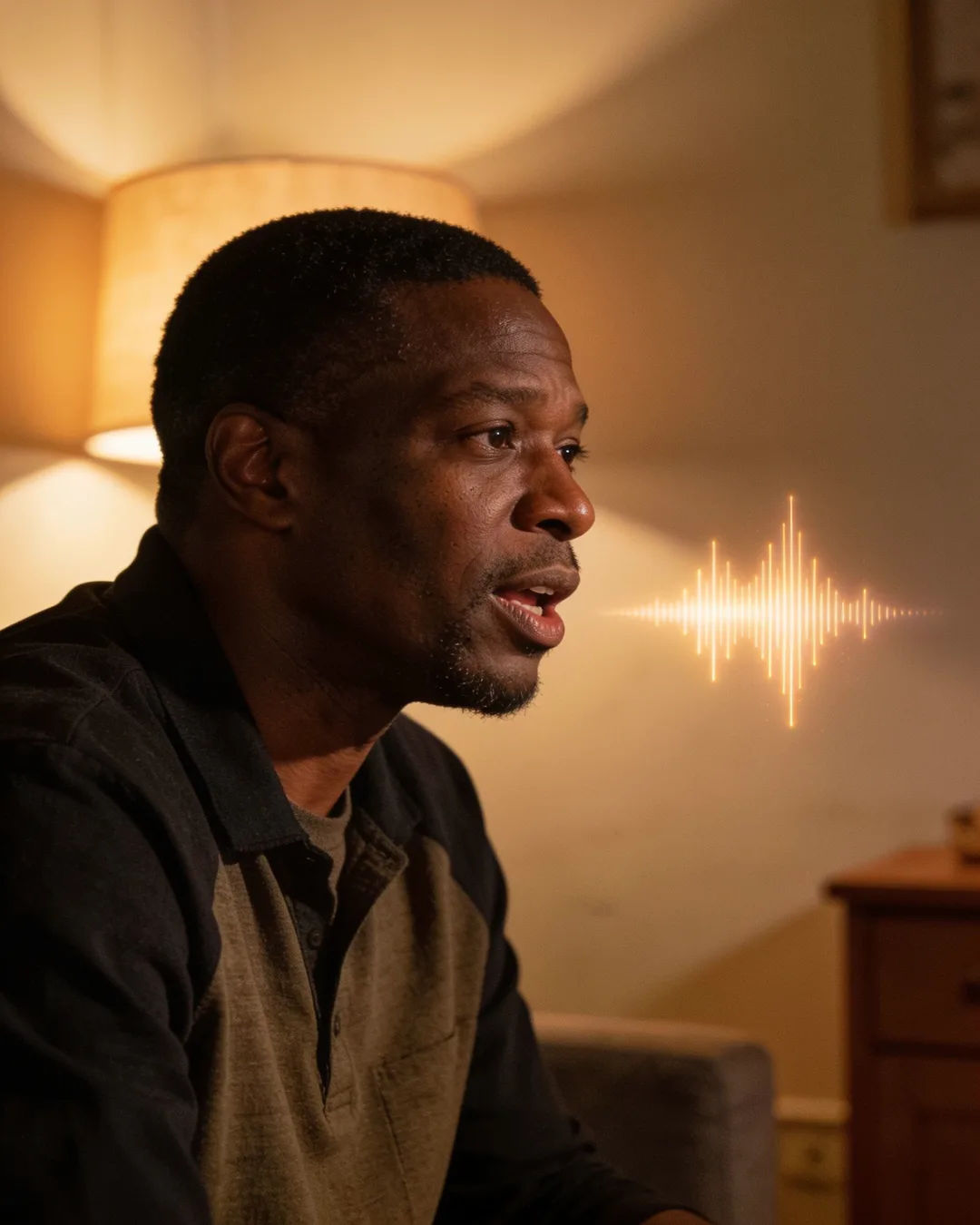 A South African Zulu man speaking at home at night, a sound waveform beside him