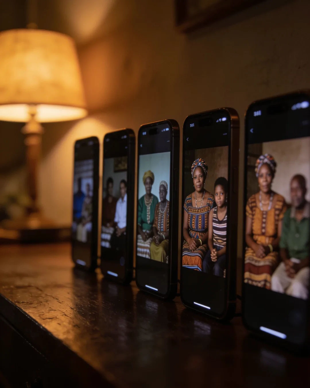 A row of phones showing episodes of the same South African Zulu drama series