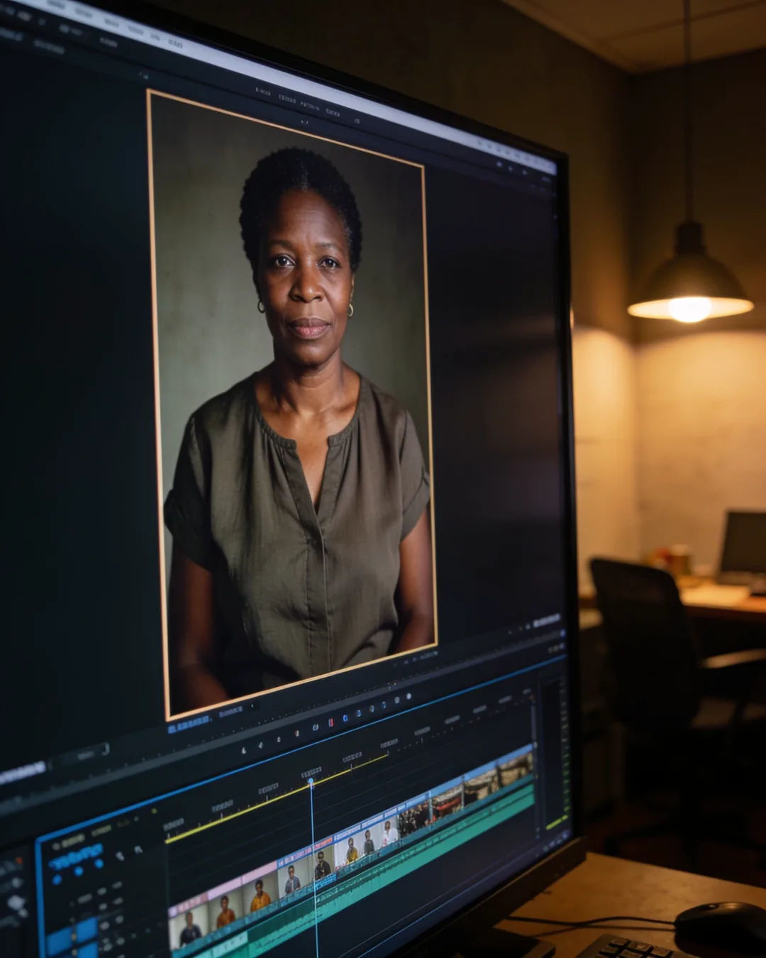 An editing suite with a vertical frame of a South African Zulu woman in a simple modern blouse above a timeline
