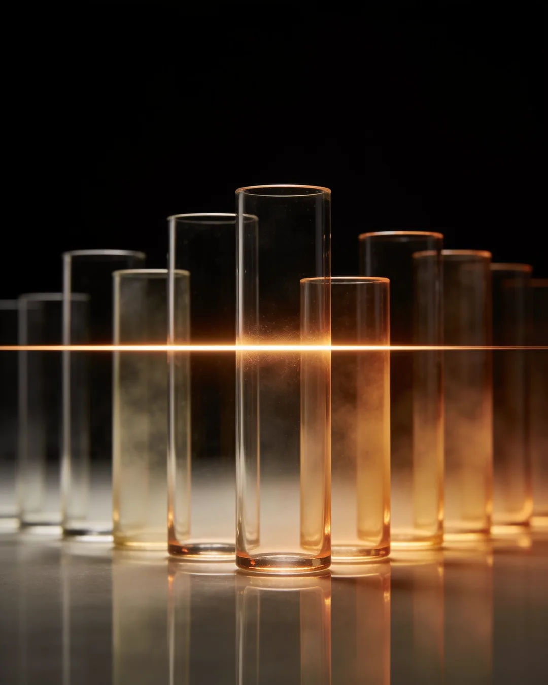 Glass columns of different heights with a glowing limit line