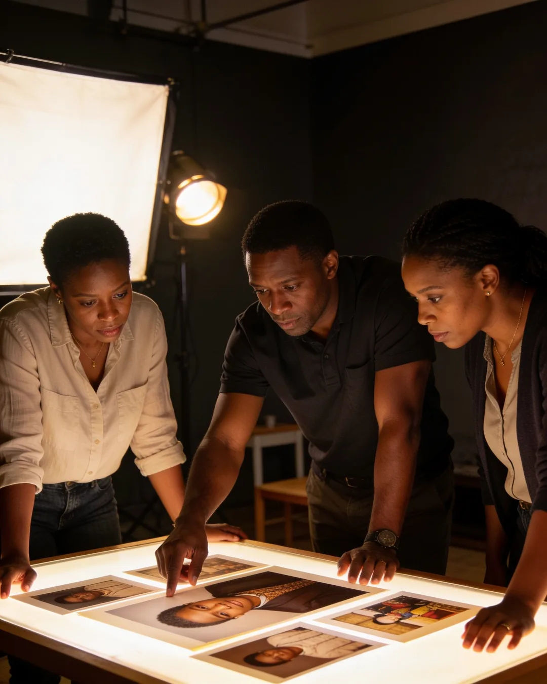 A South African Zulu production team reviewing printed frames on a lit table