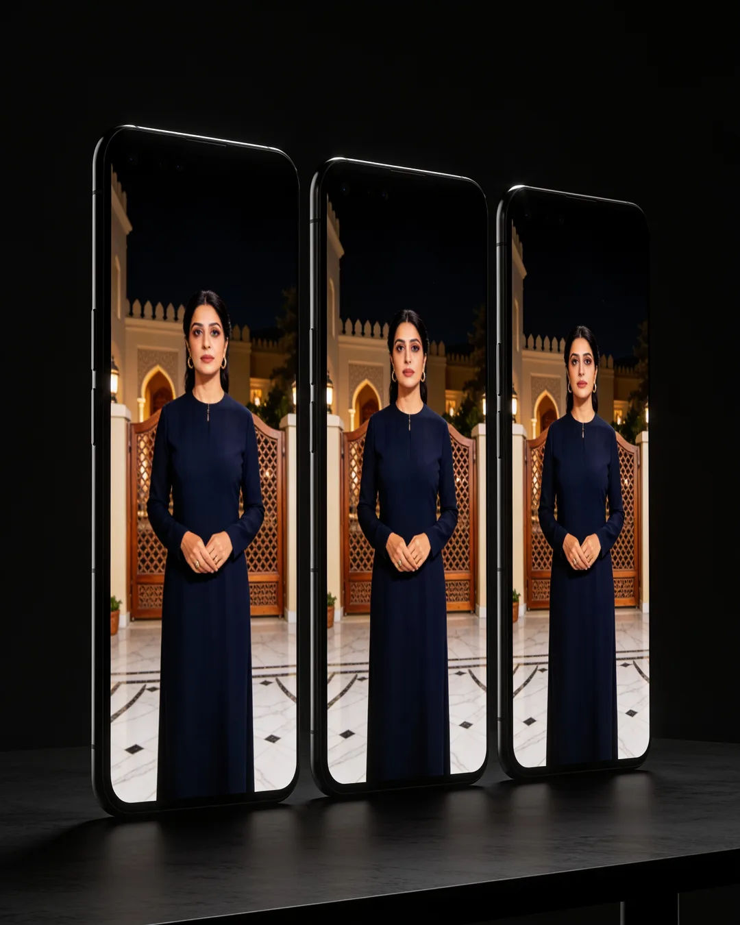The same Arab woman in a navy dress on three vertical phone screens