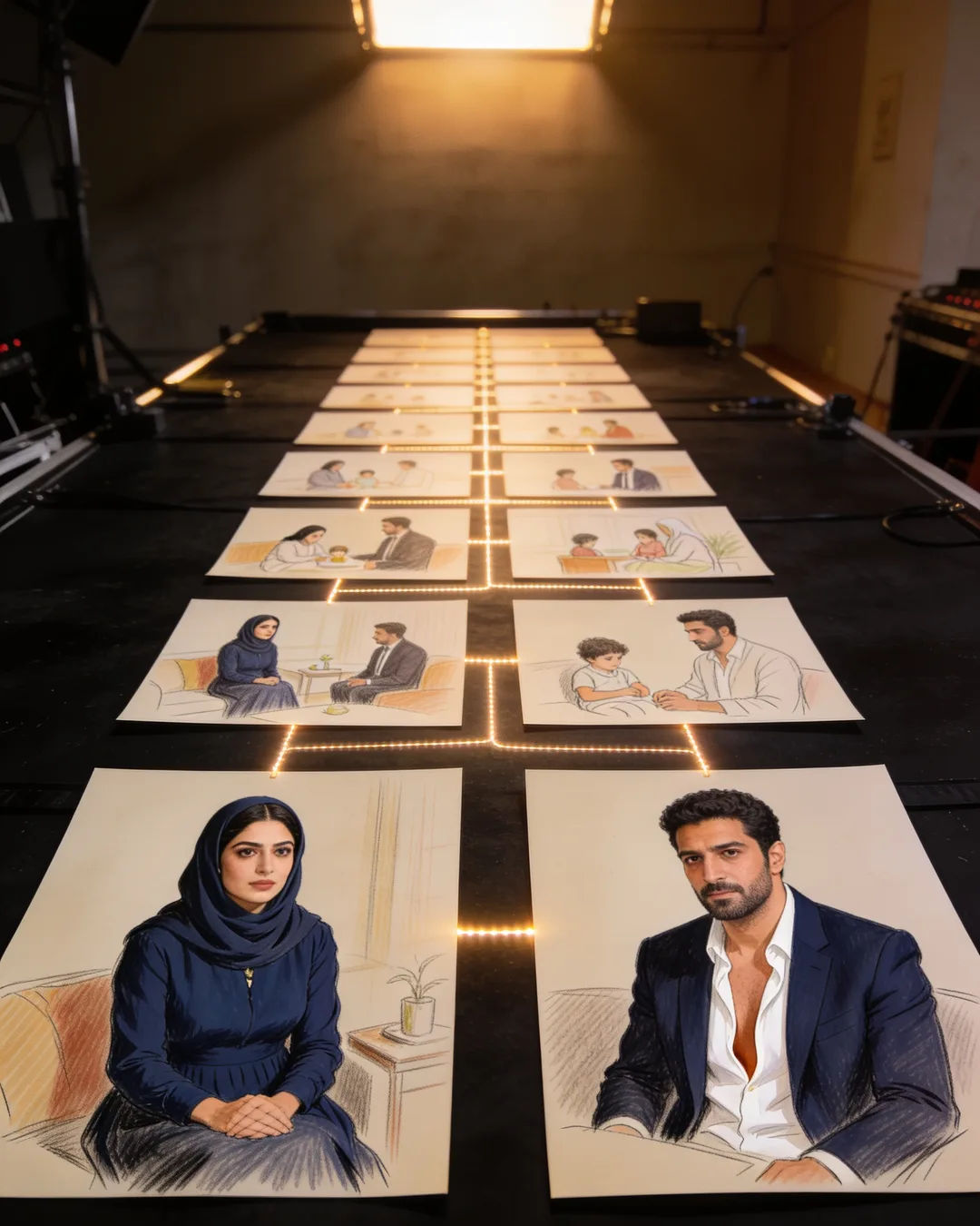Storyboard cards of an Arabic family drama laid out on a production table