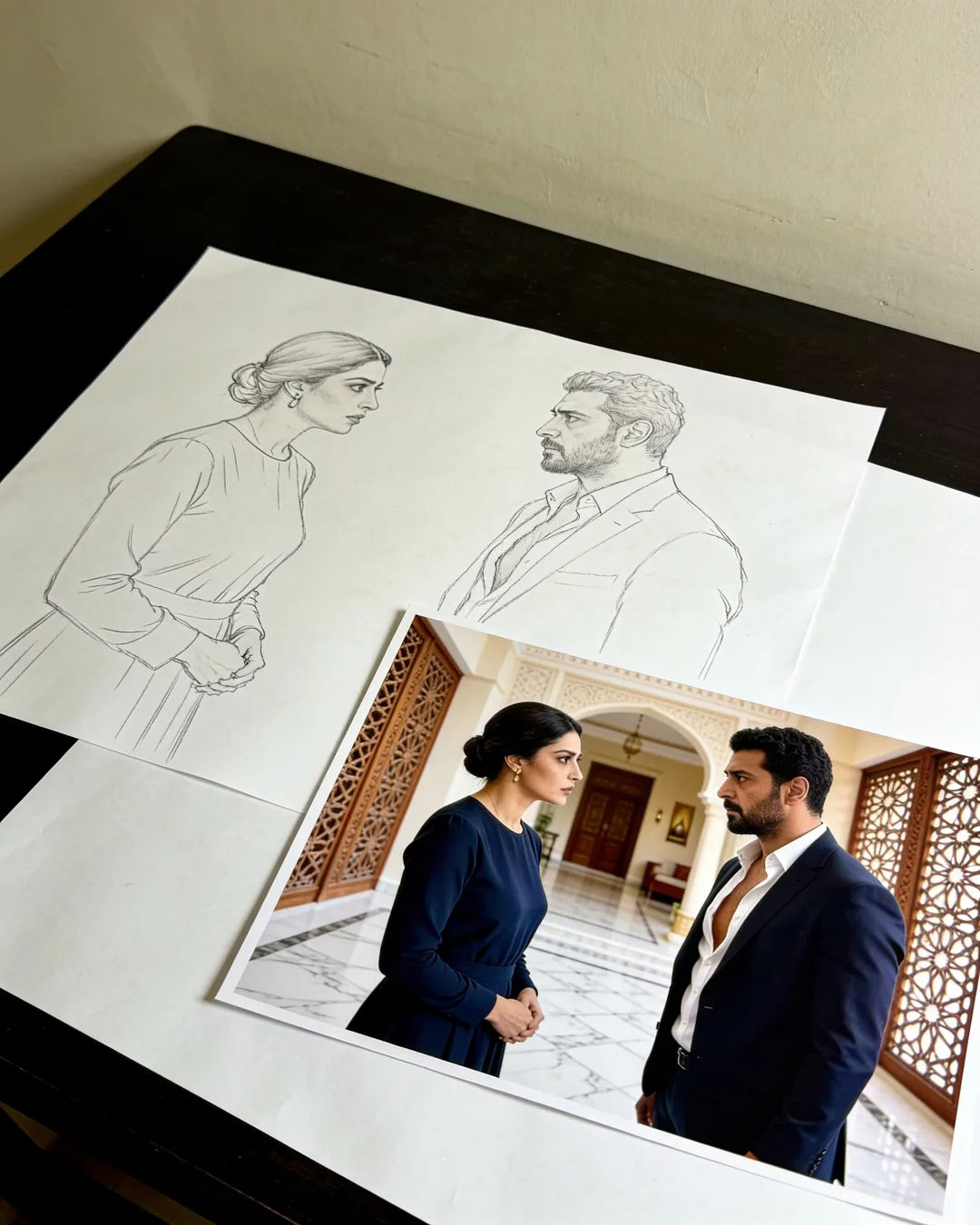 Pencil storyboard sketches around a finished photo of an Arabic family scene