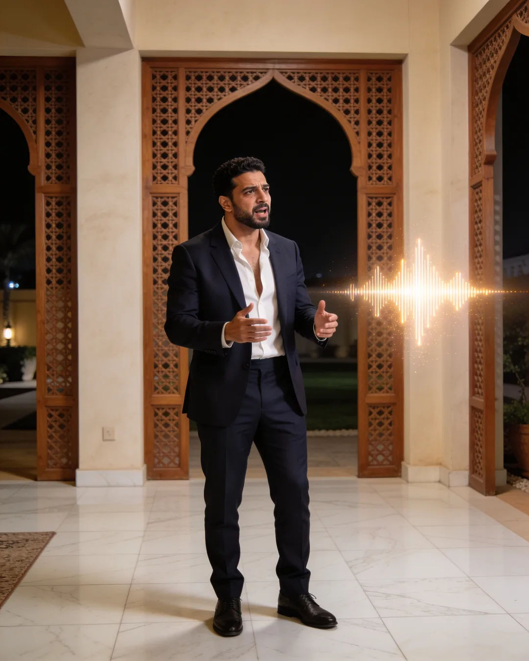 An Arab man in a navy suit speaking at home, a sound waveform beside him