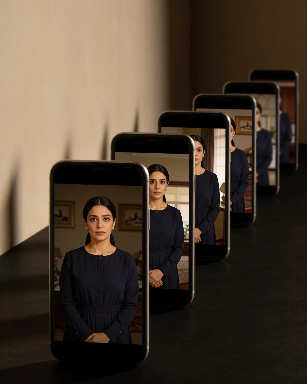A row of phones showing episodes of the same Arabic drama series