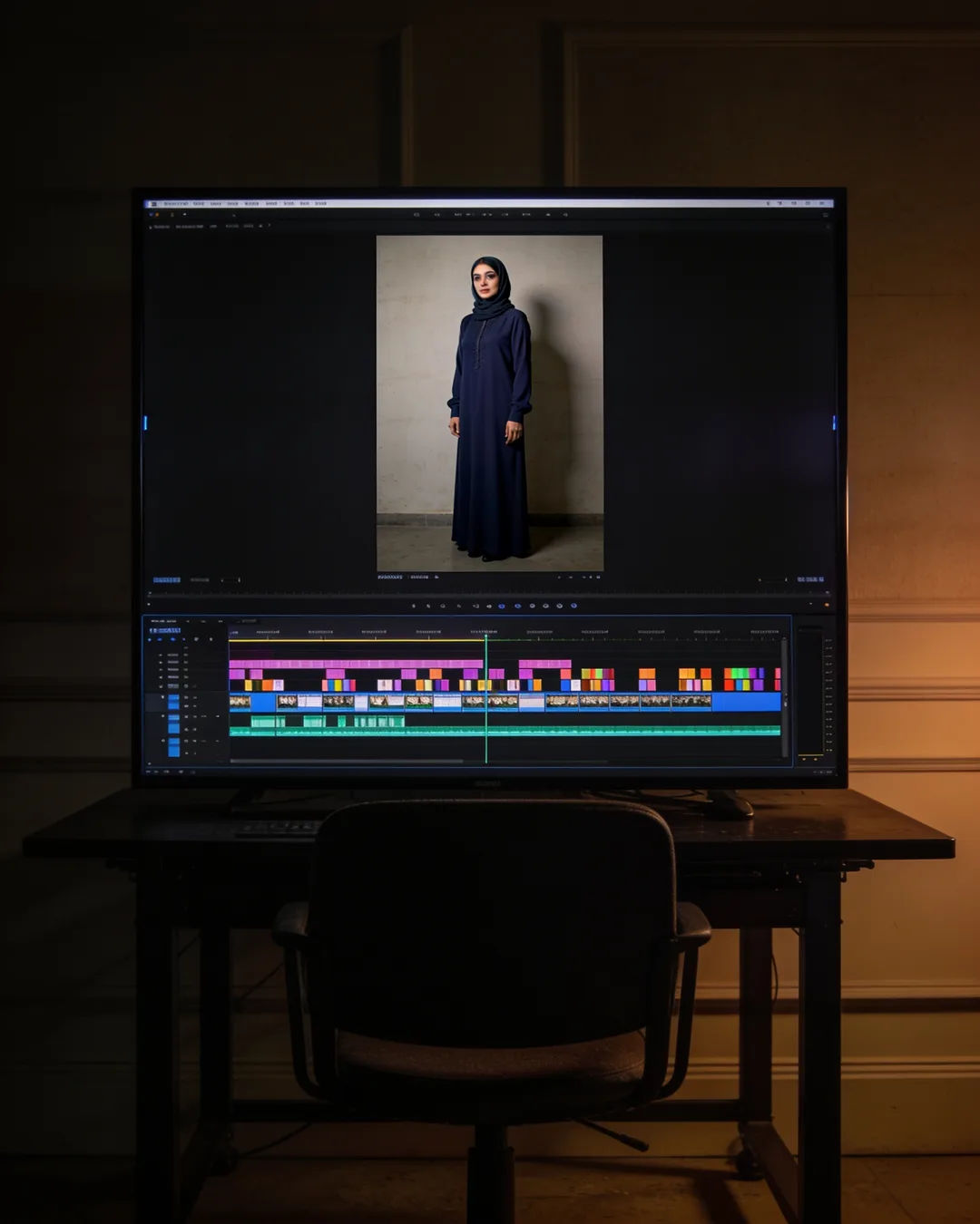 An editing suite with a vertical frame of an Arab woman in a navy dress above a timeline