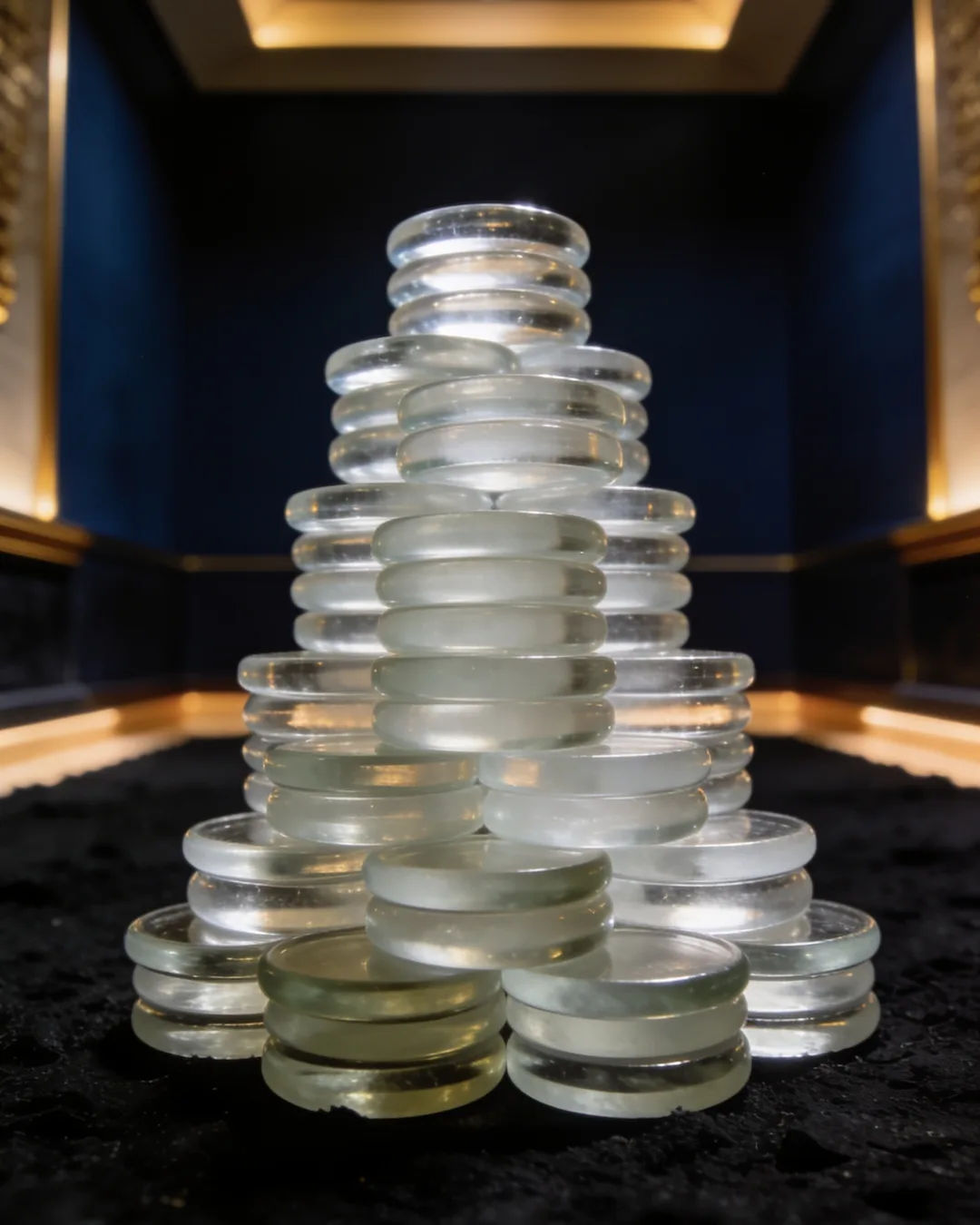 Stacks of glass tokens rising on a black ground