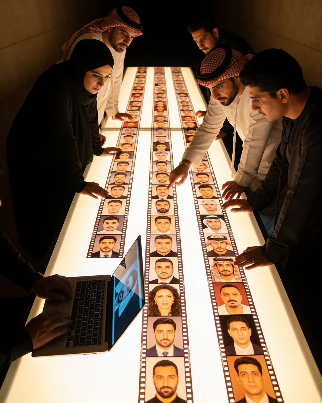 An Arab production team reviewing printed frames on a lit table