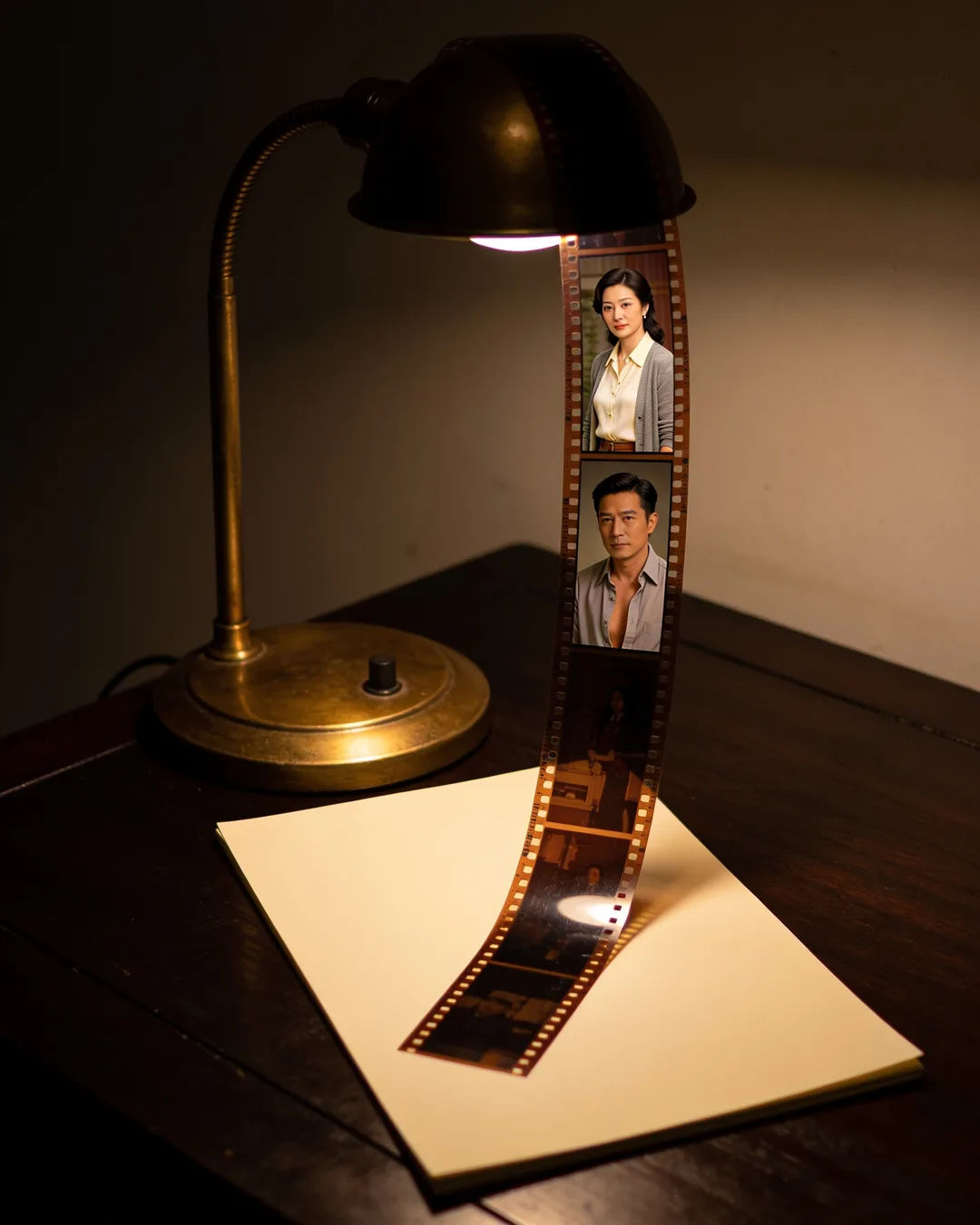 A blank page under a desk lamp beside a strip of film frames from a Hong Kong family drama