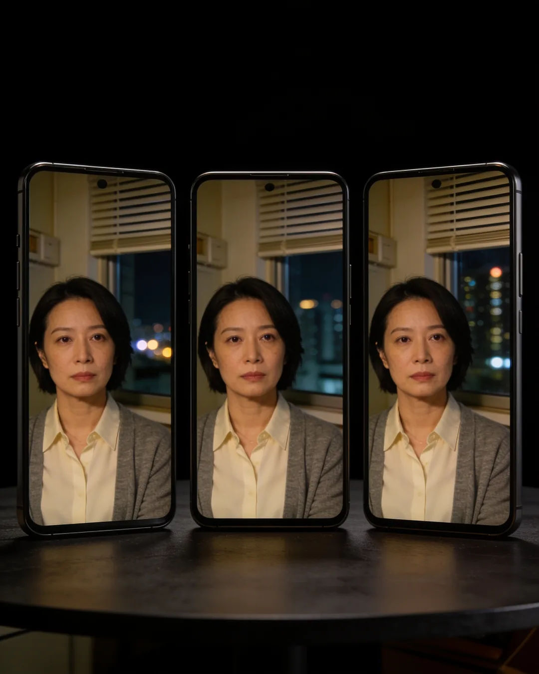 The same Hong Kong woman in a cream blouse and grey cardigan on three vertical phone screens