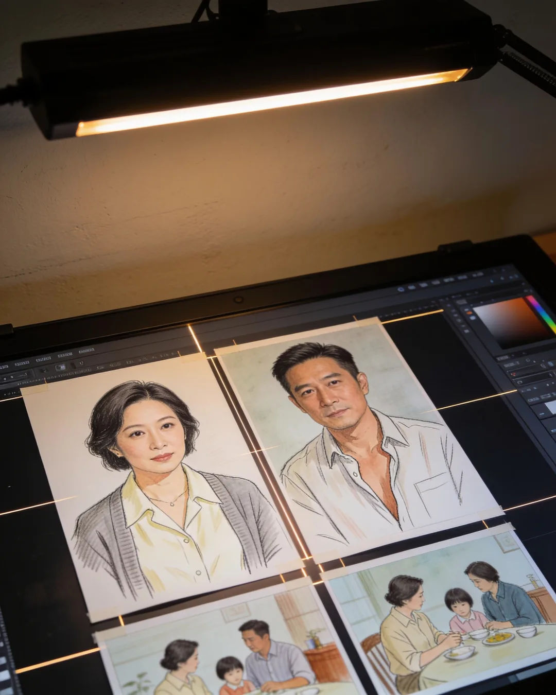 Storyboard cards of a Hong Kong family drama laid out on a production table