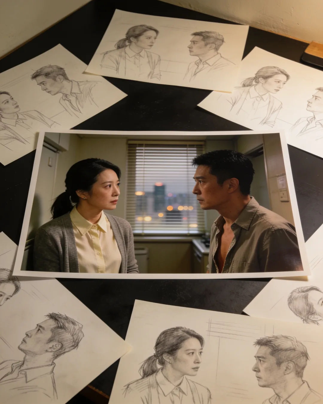 Pencil storyboard sketches around a finished photo of a Hong Kong family scene