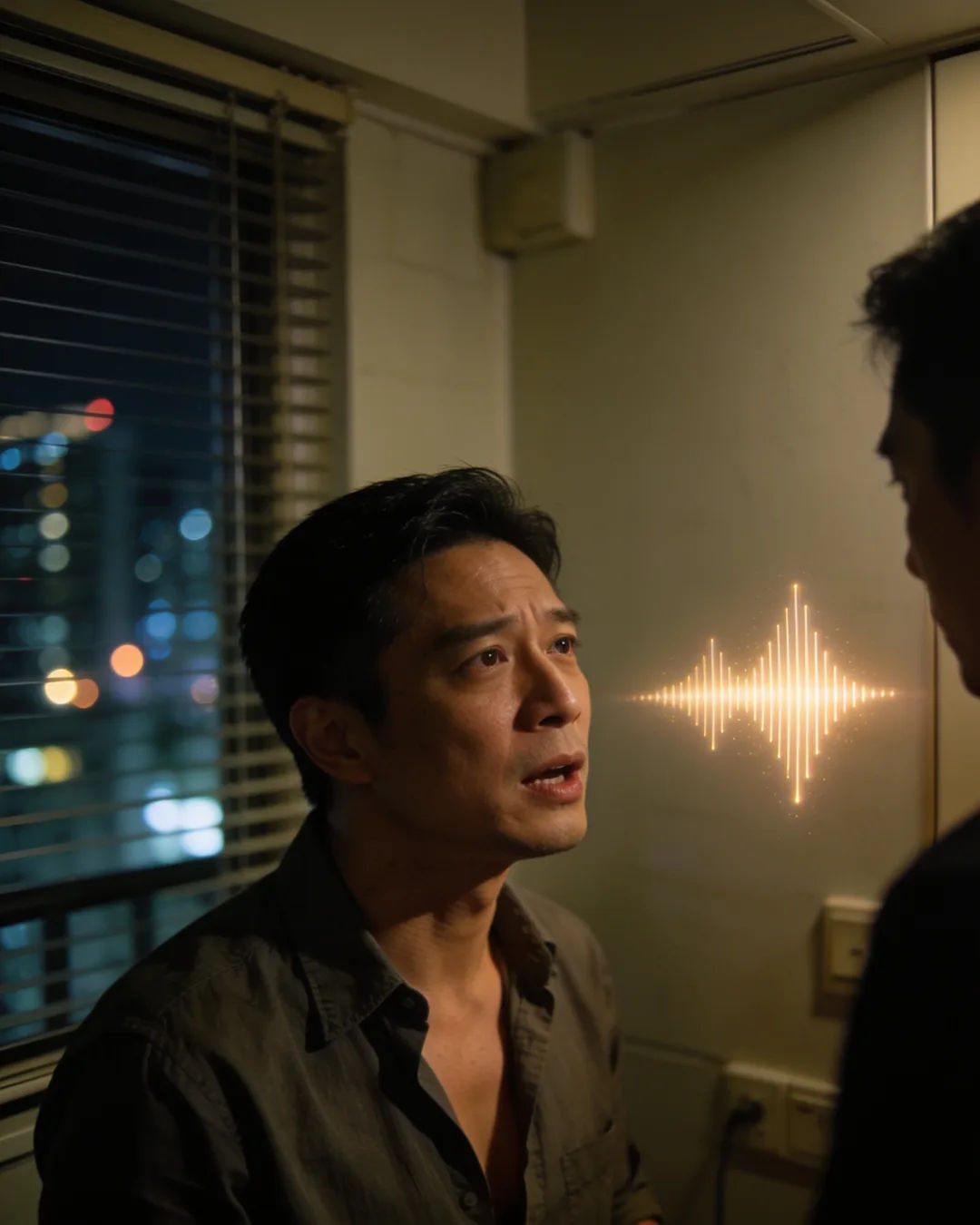 A Hong Kong man in an open-collar shirt speaking at home, a sound waveform beside him