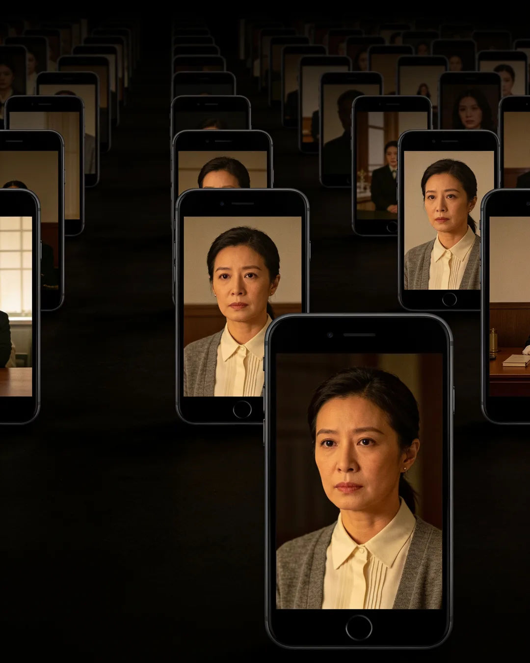 A row of phones showing episodes of the same Hong Kong drama series