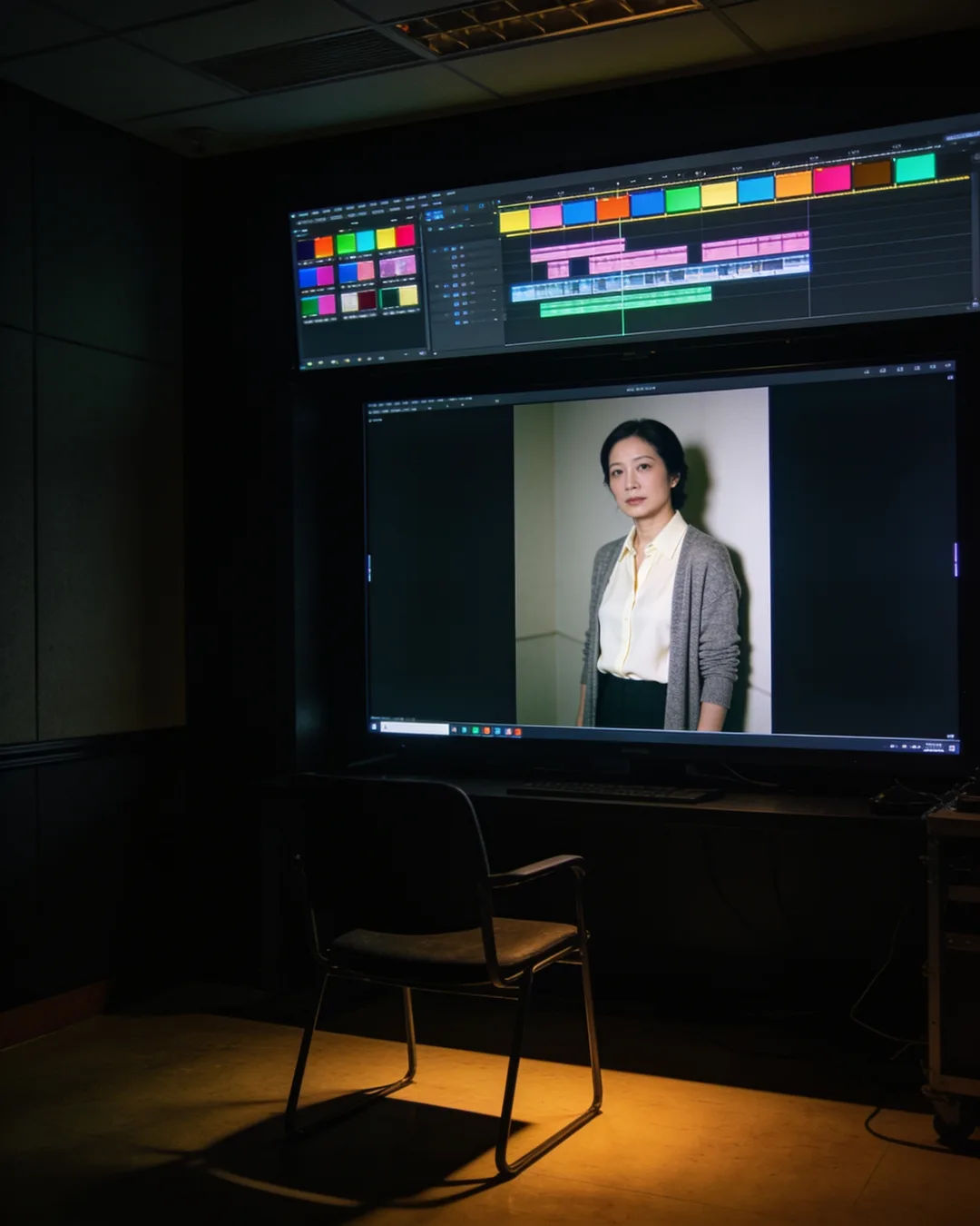 An editing suite with a vertical frame of a Hong Kong woman in a cream blouse and grey cardigan above a timeline