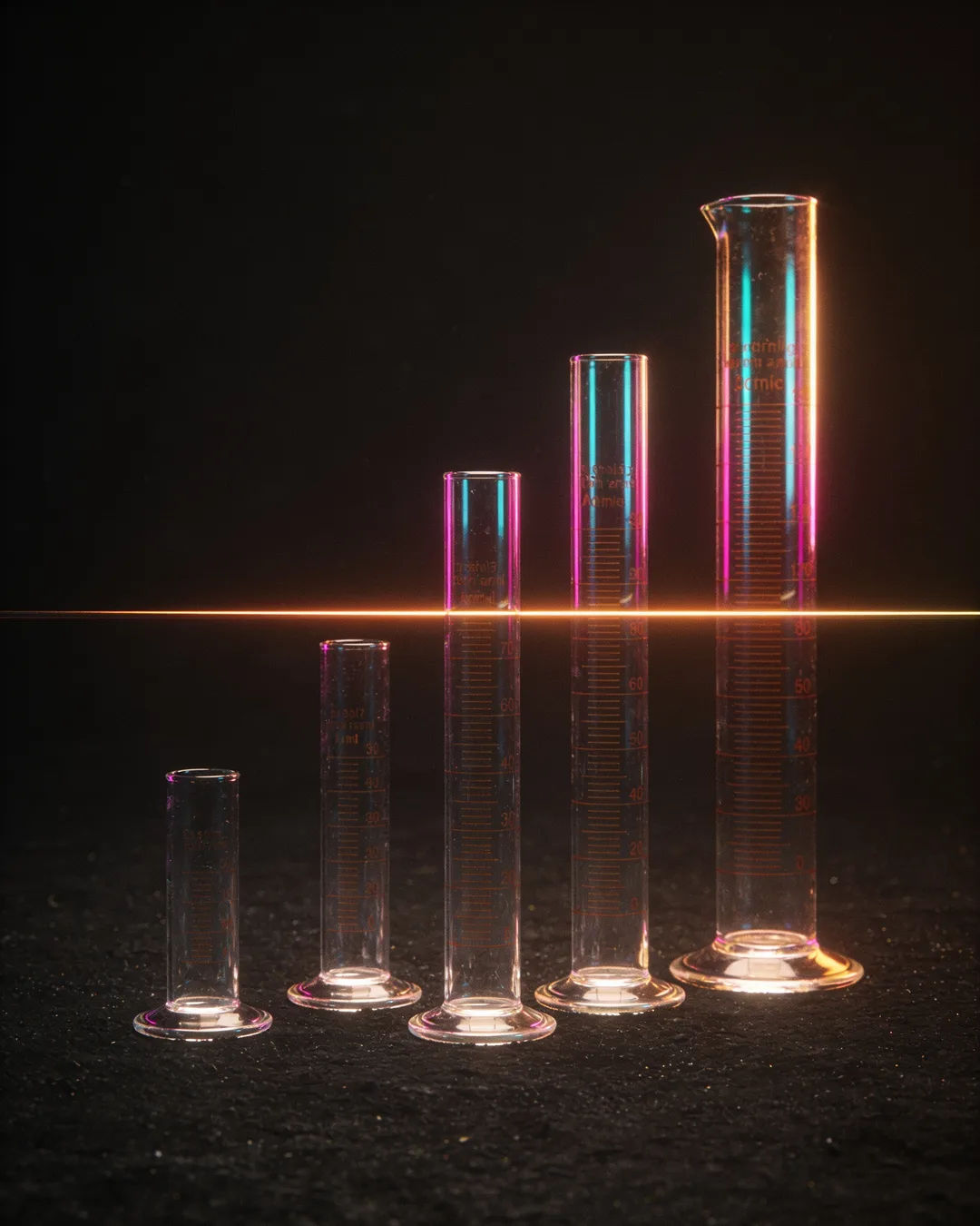 Glass columns of different heights with a glowing limit line