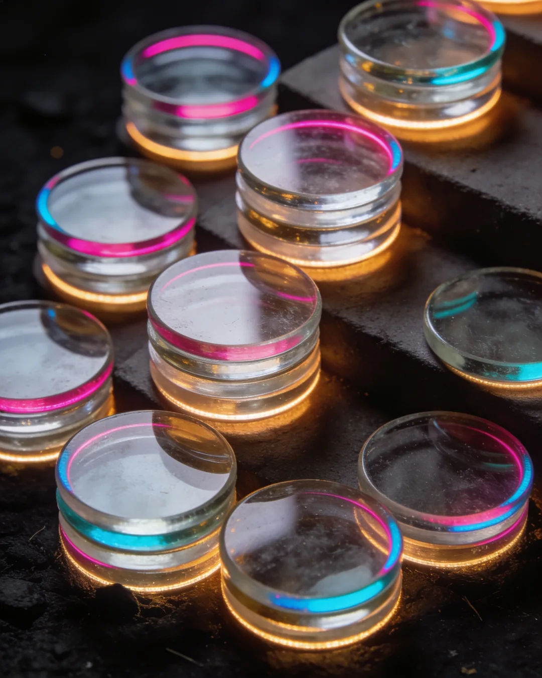 Stacks of glass tokens rising on a black ground