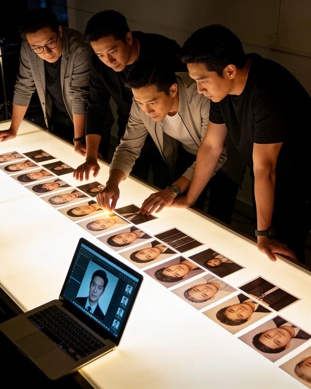 A Hong Kong production team reviewing printed frames on a lit table