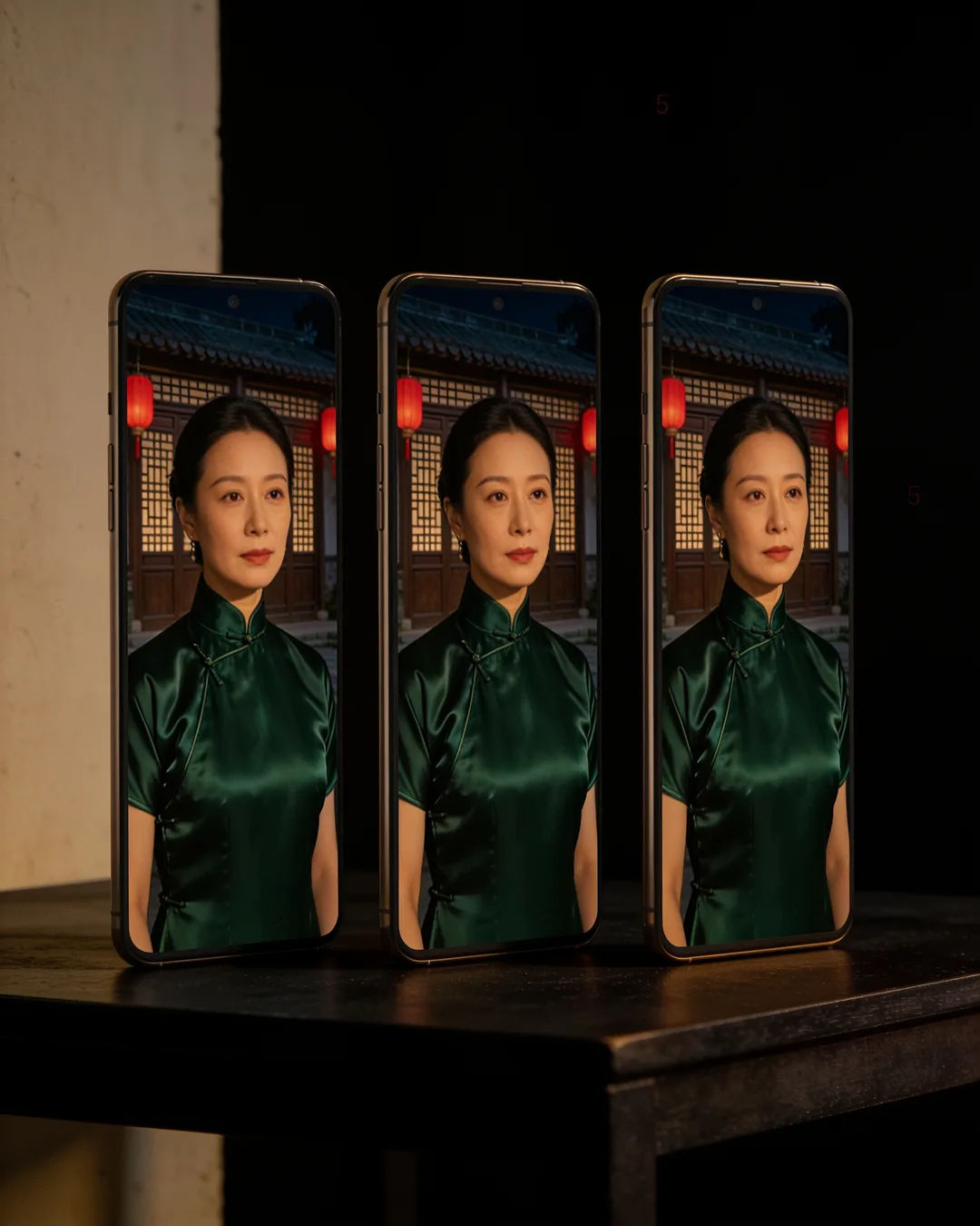 The same Chinese woman in a green silk qipao on three vertical phone screens