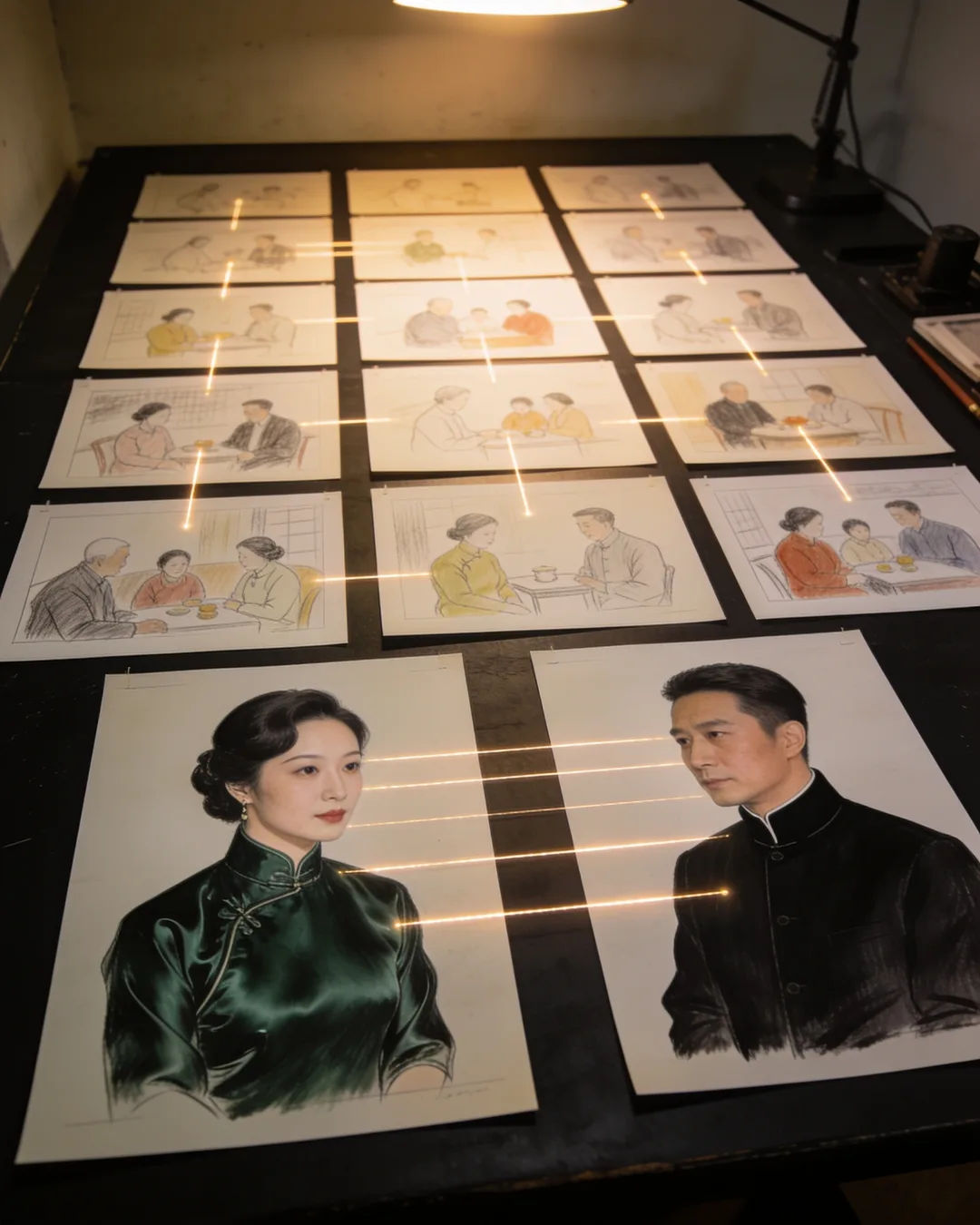 Storyboard cards of a Chinese family drama laid out on a production table