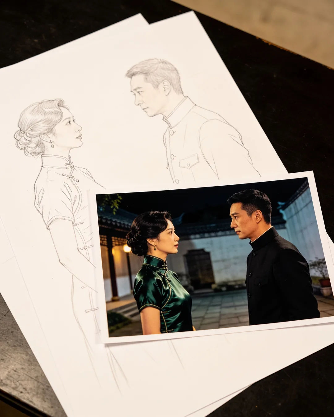 Pencil storyboard sketches around a finished photo of a Chinese family scene