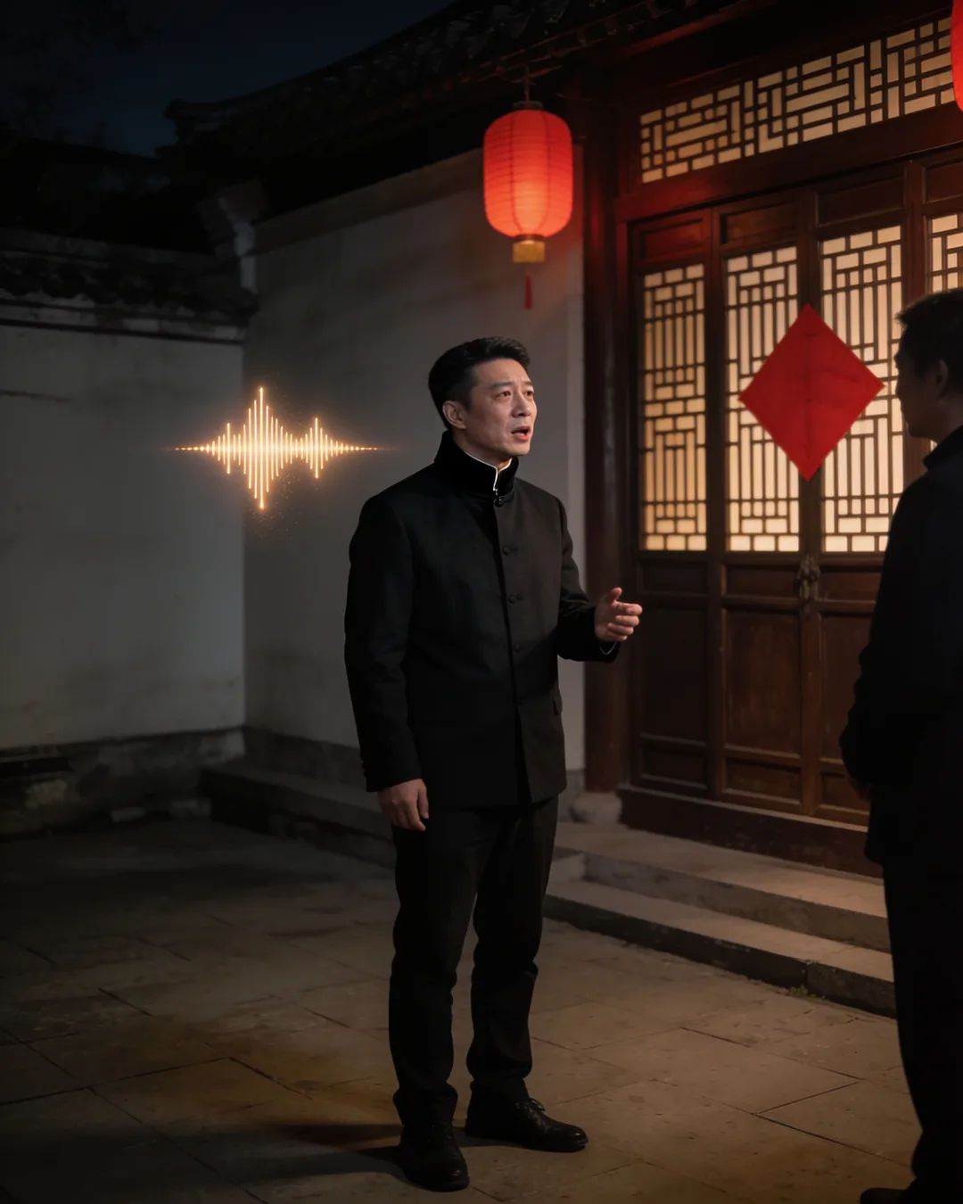 A Chinese man in a black high-collar jacket speaking at home, a sound waveform beside him